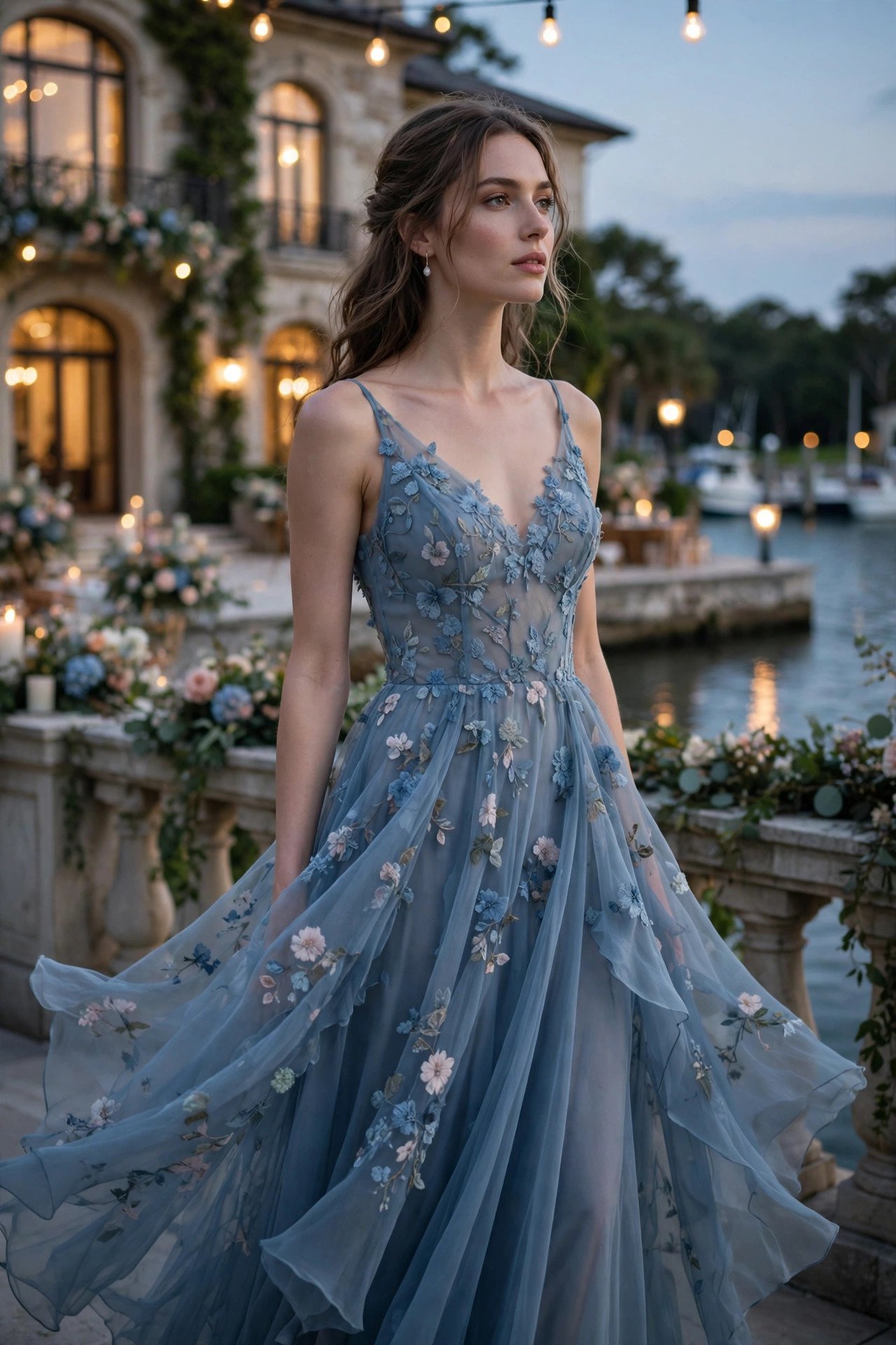 Dusty blue floral chiffon gown at a waterfront mansion wedding