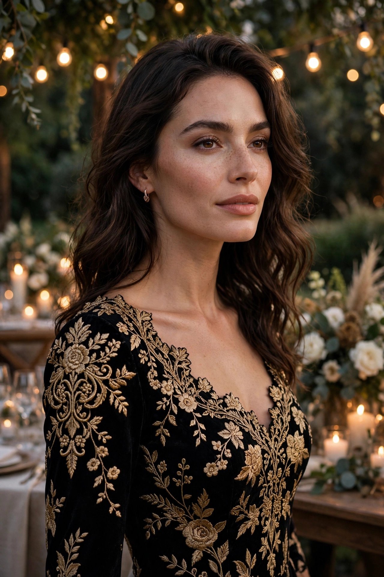 Gold-embroidered floral gown at an evening wedding reception