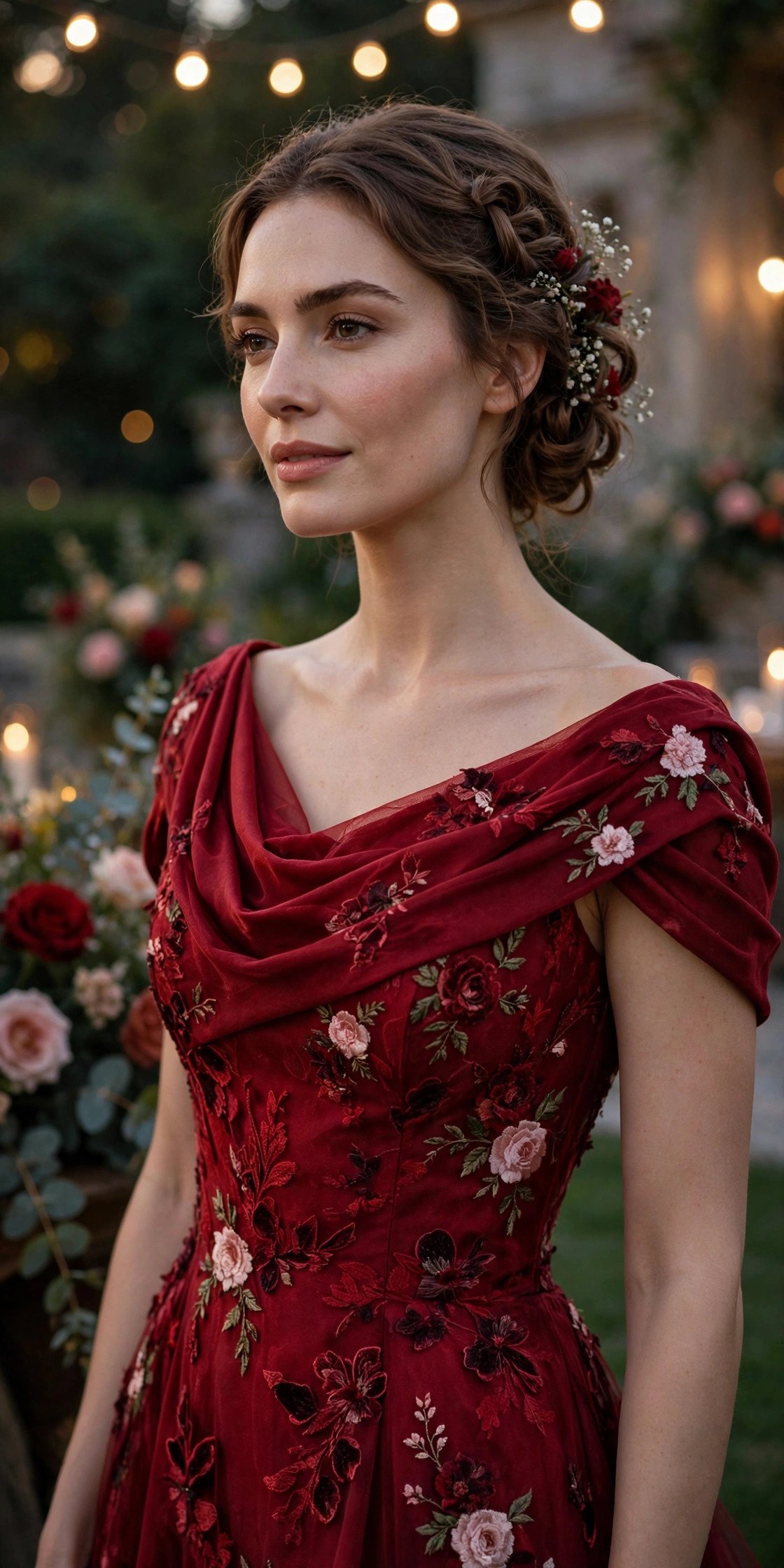 Deep red formal floral dress at an elegant evening wedding