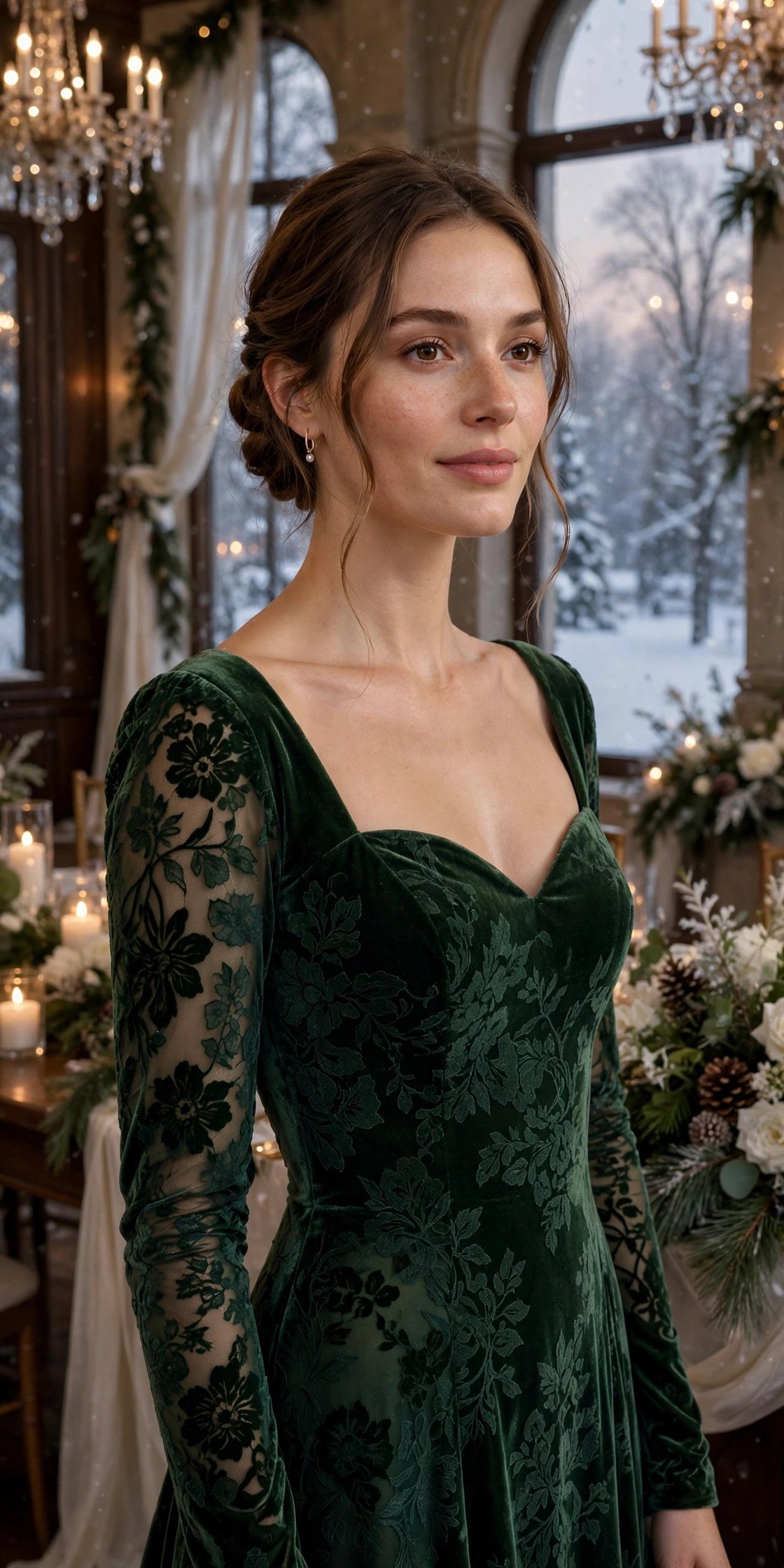 Forest green velvet floral gown at a winter ballroom wedding