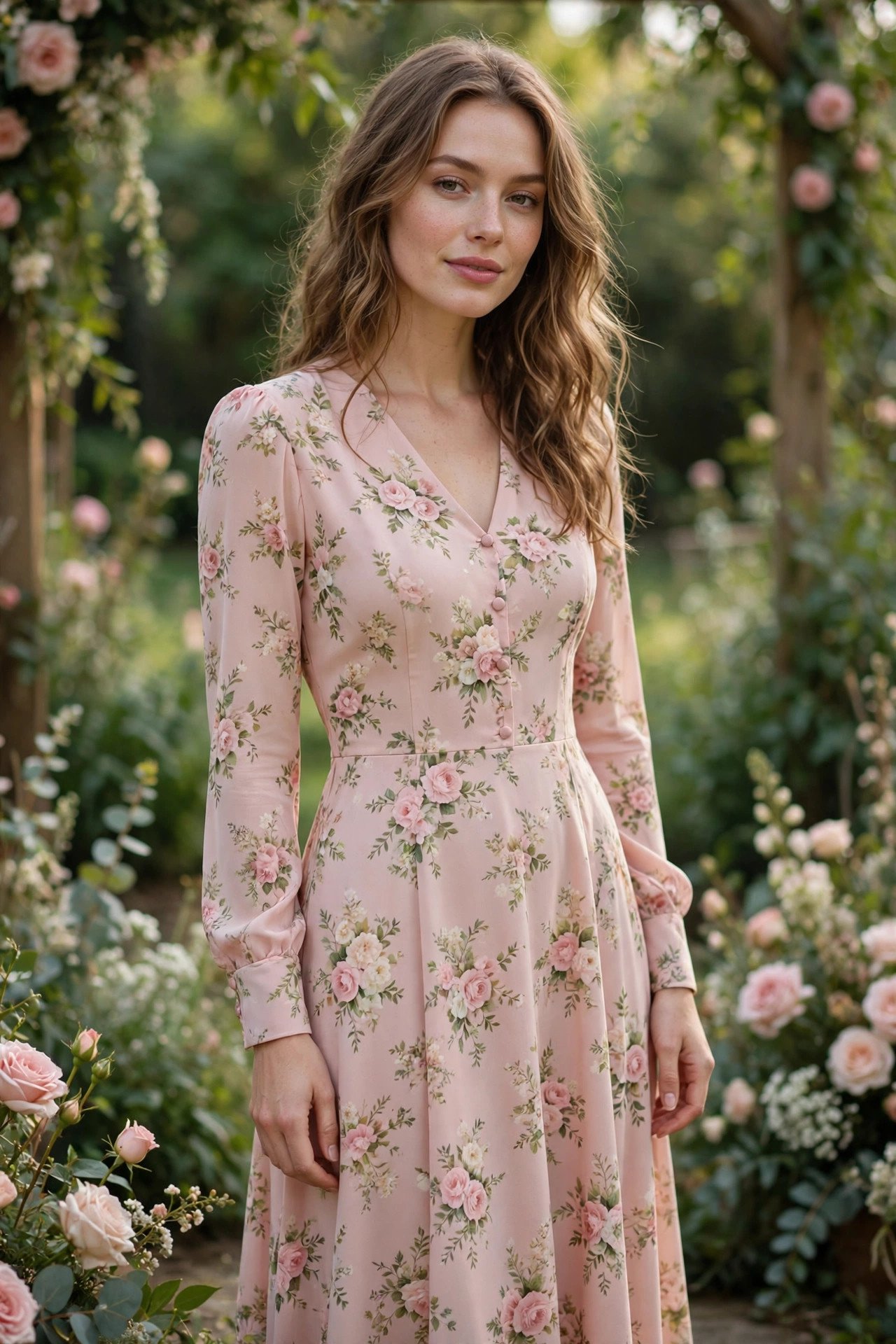 Blush long-sleeve floral midi dress at a garden wedding