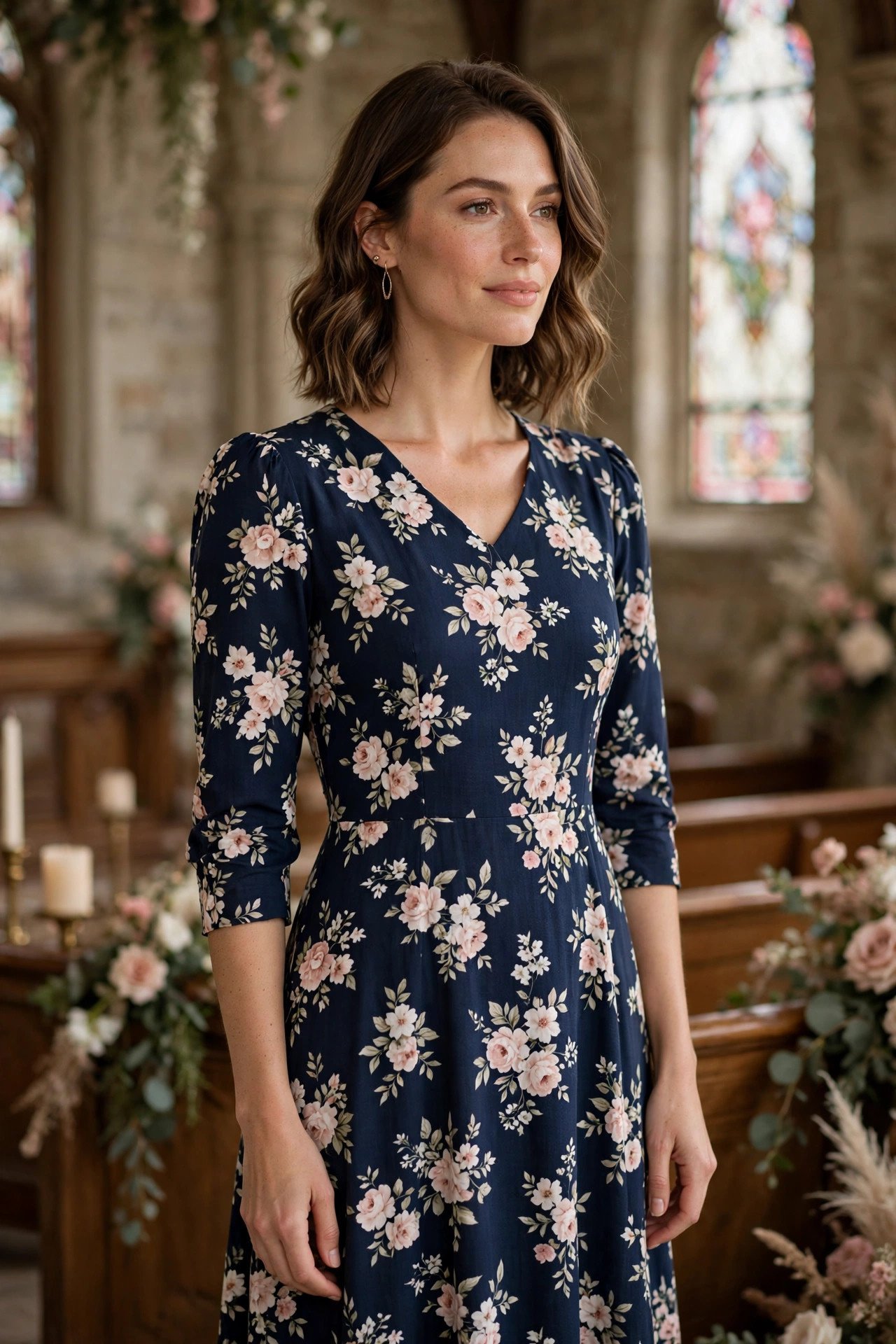 Navy three-quarter sleeve floral dress at a chapel wedding