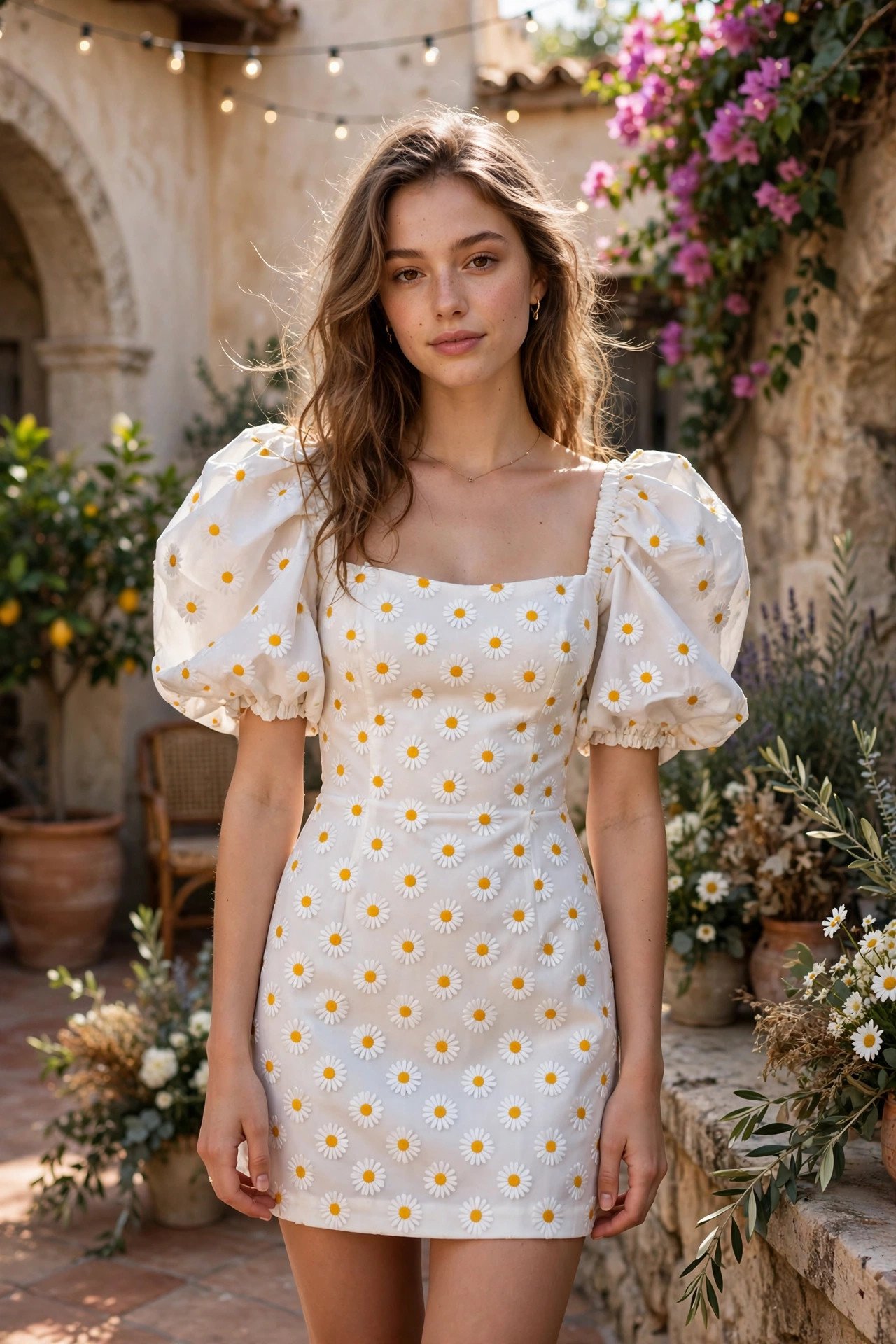Puff-sleeve white floral mini dress at a courtyard wedding