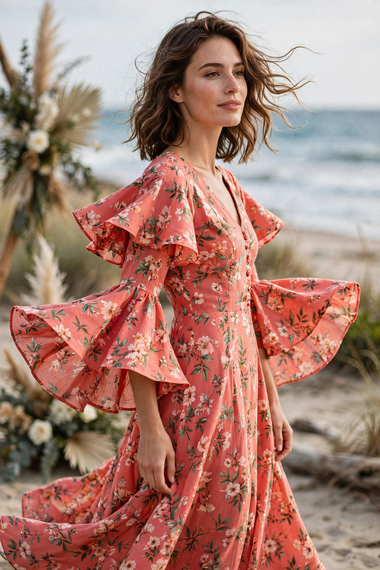 Bell-sleeve coral floral dress at a beach wedding