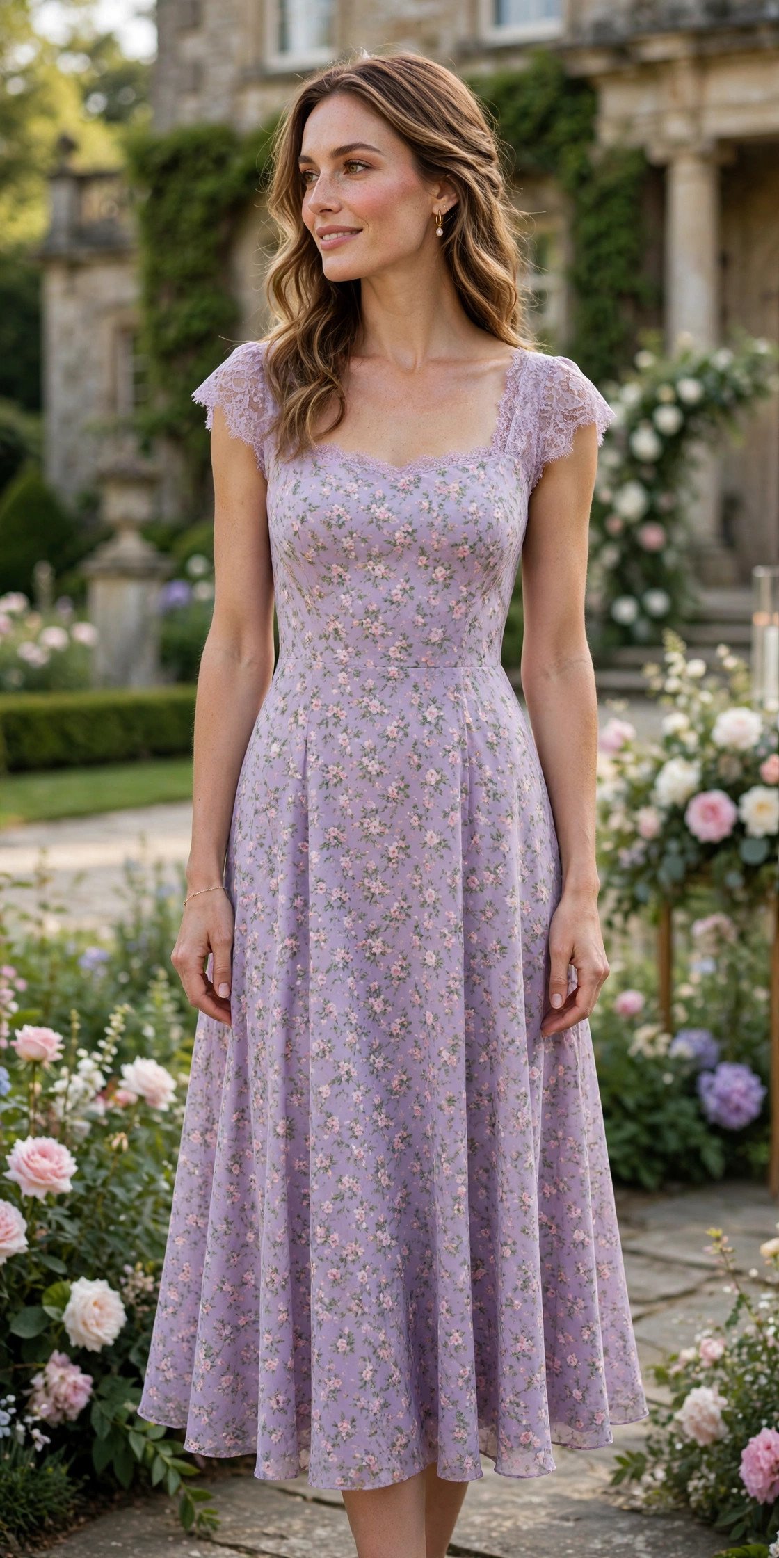 Cap-sleeve lilac floral tea dress at an estate wedding