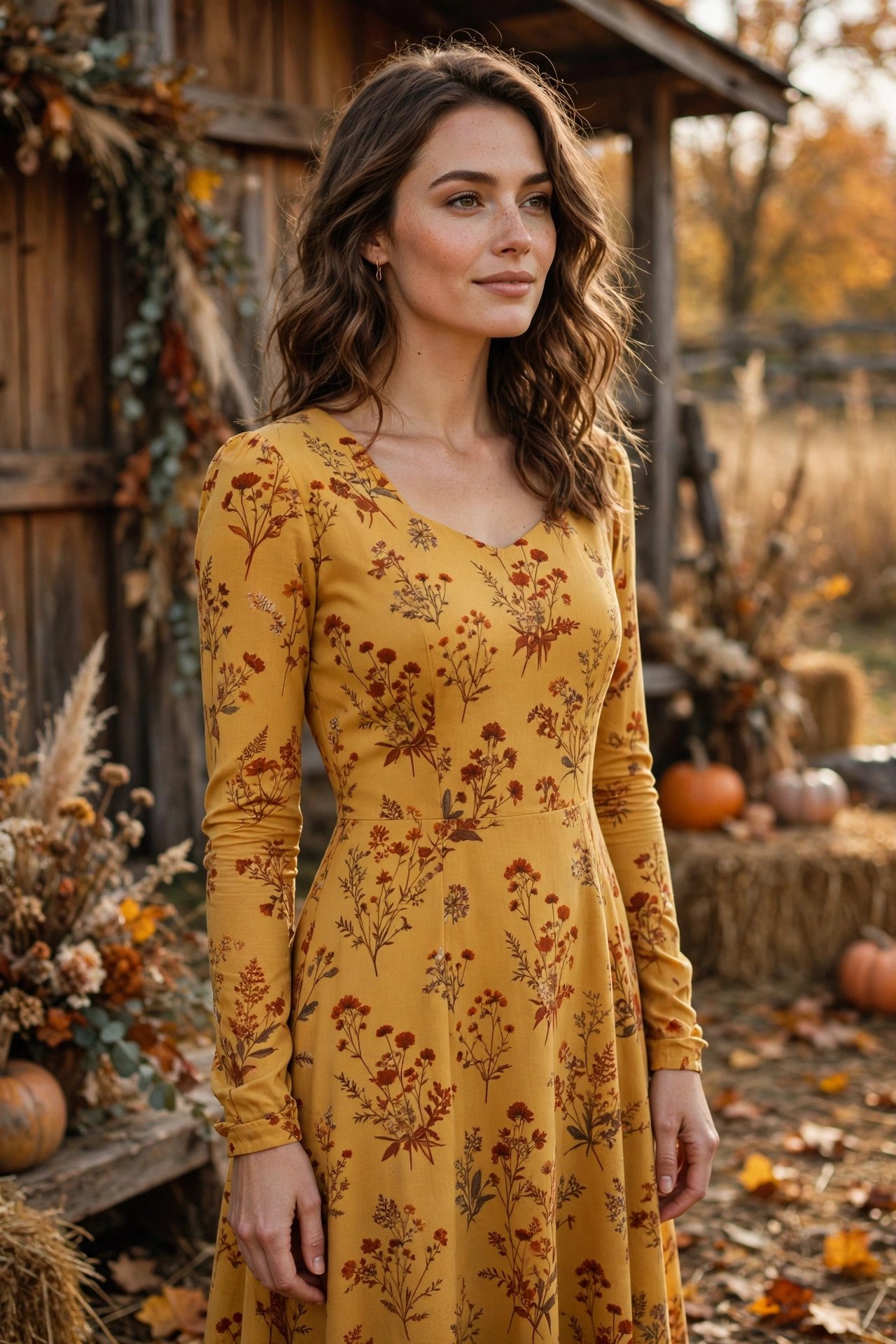 Mustard long-sleeve floral midi dress at a farm wedding