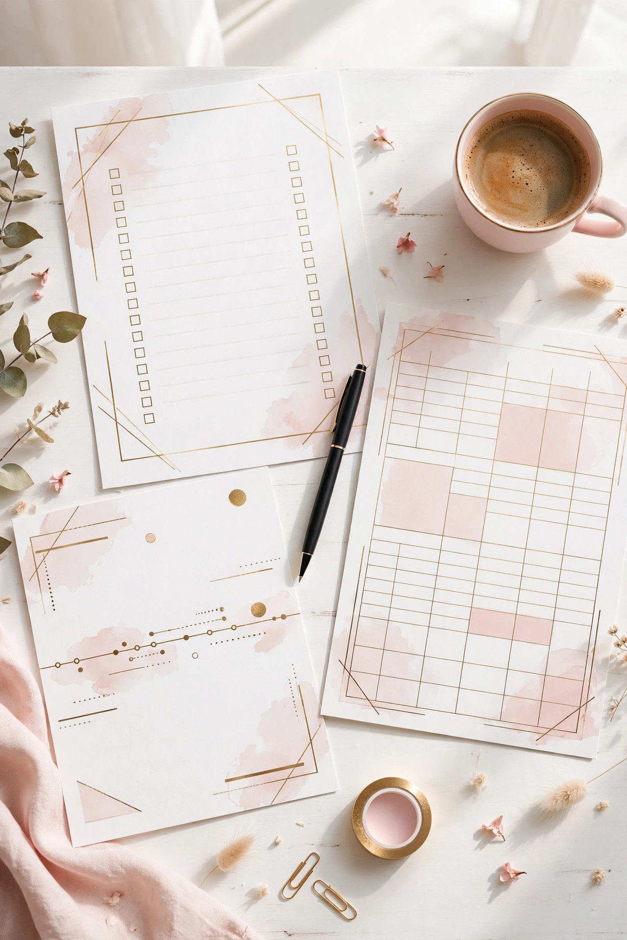 Elegant free wedding planning printables and checklists styled on a desk