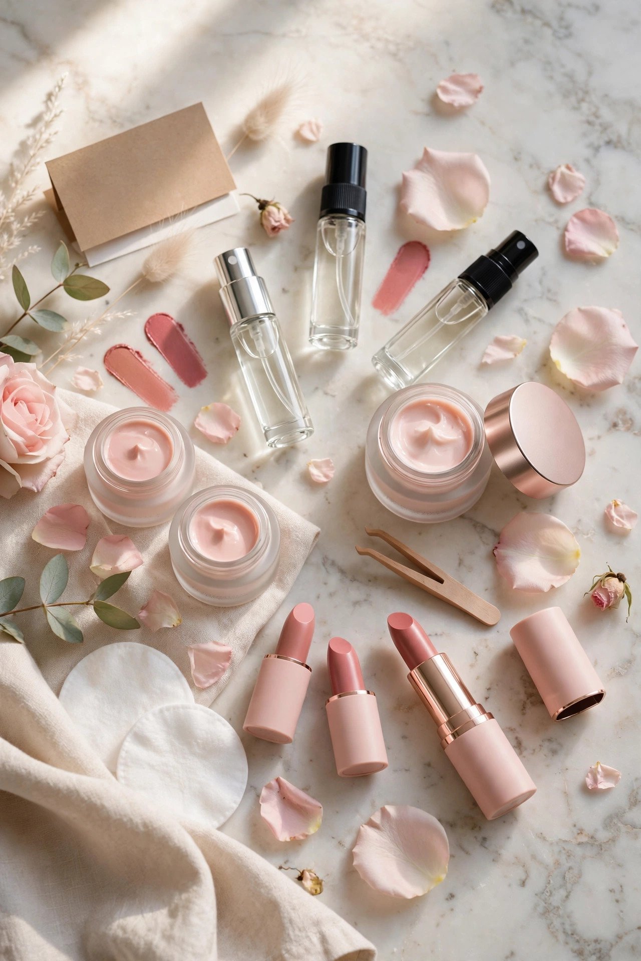 Elegant flat lay of free perfume and beauty samples on a marble vanity