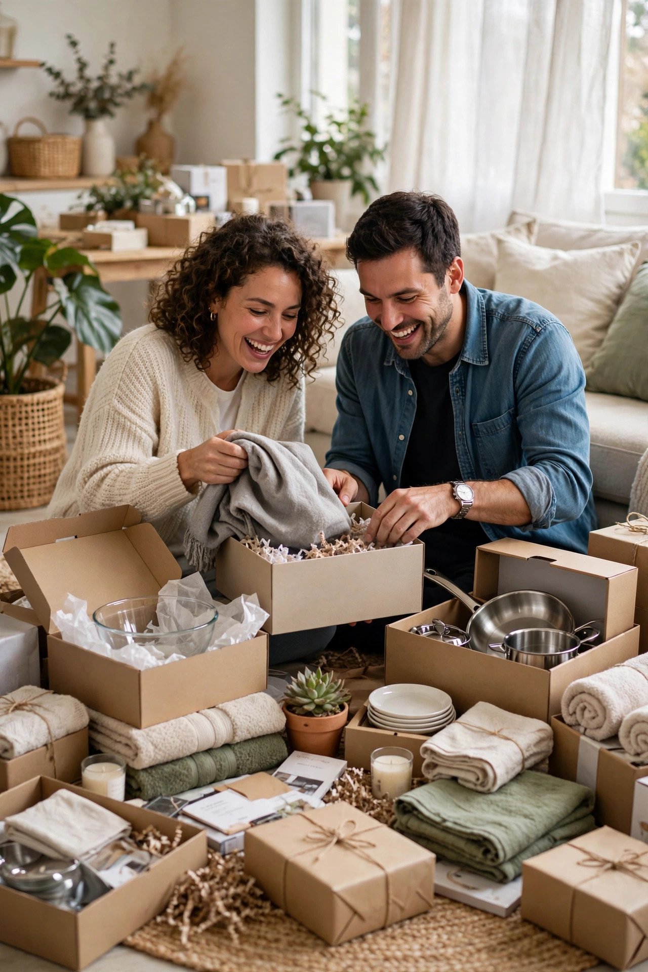 Happy couple opening registry gift boxes and home goods in their living room