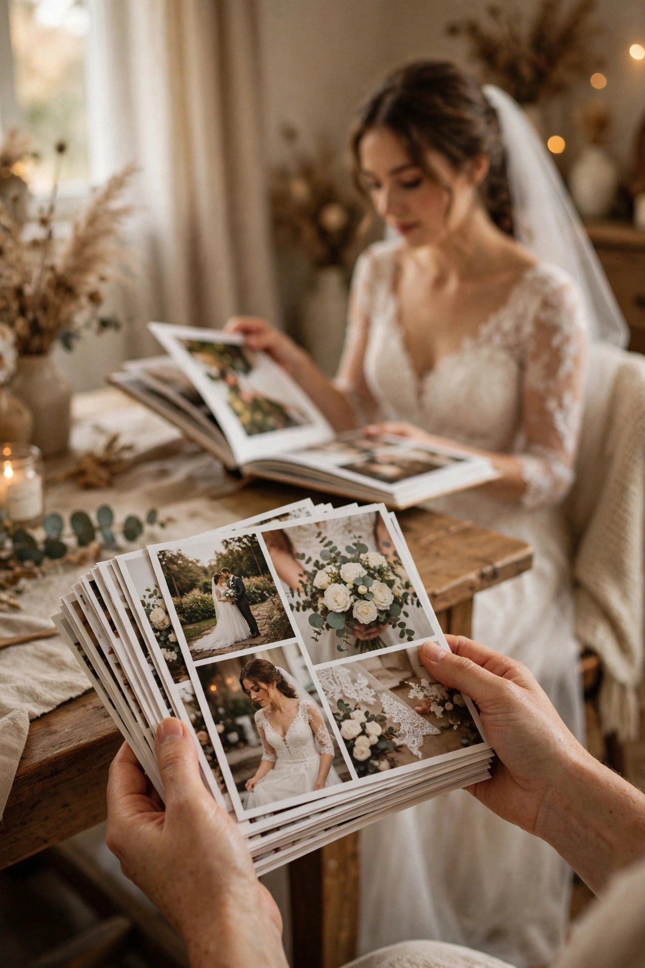 Hands holding beautiful printed wedding photographs with a fresh photo album