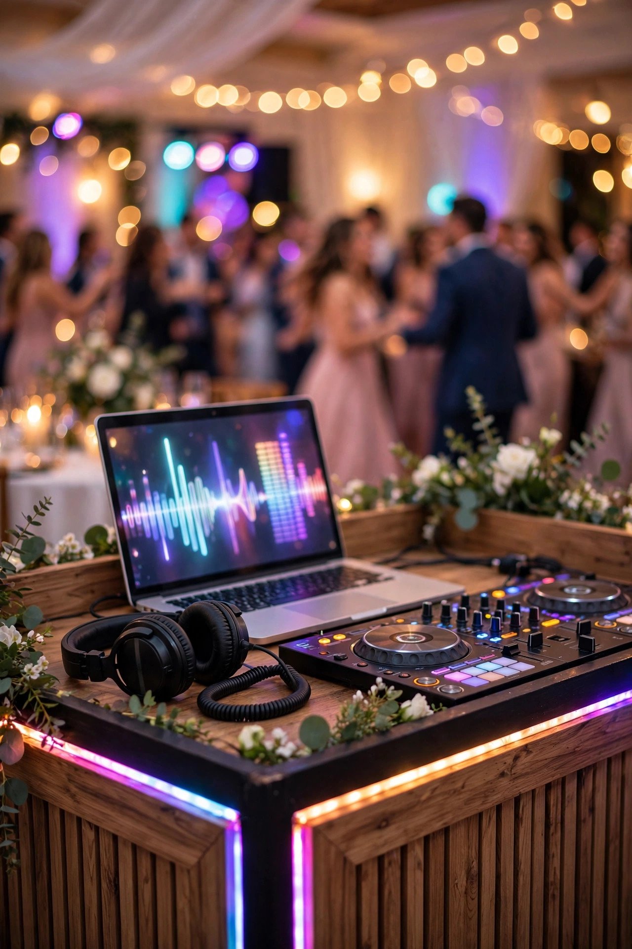 DJ booth with headphones and laptop showing a music playlist at a wedding reception