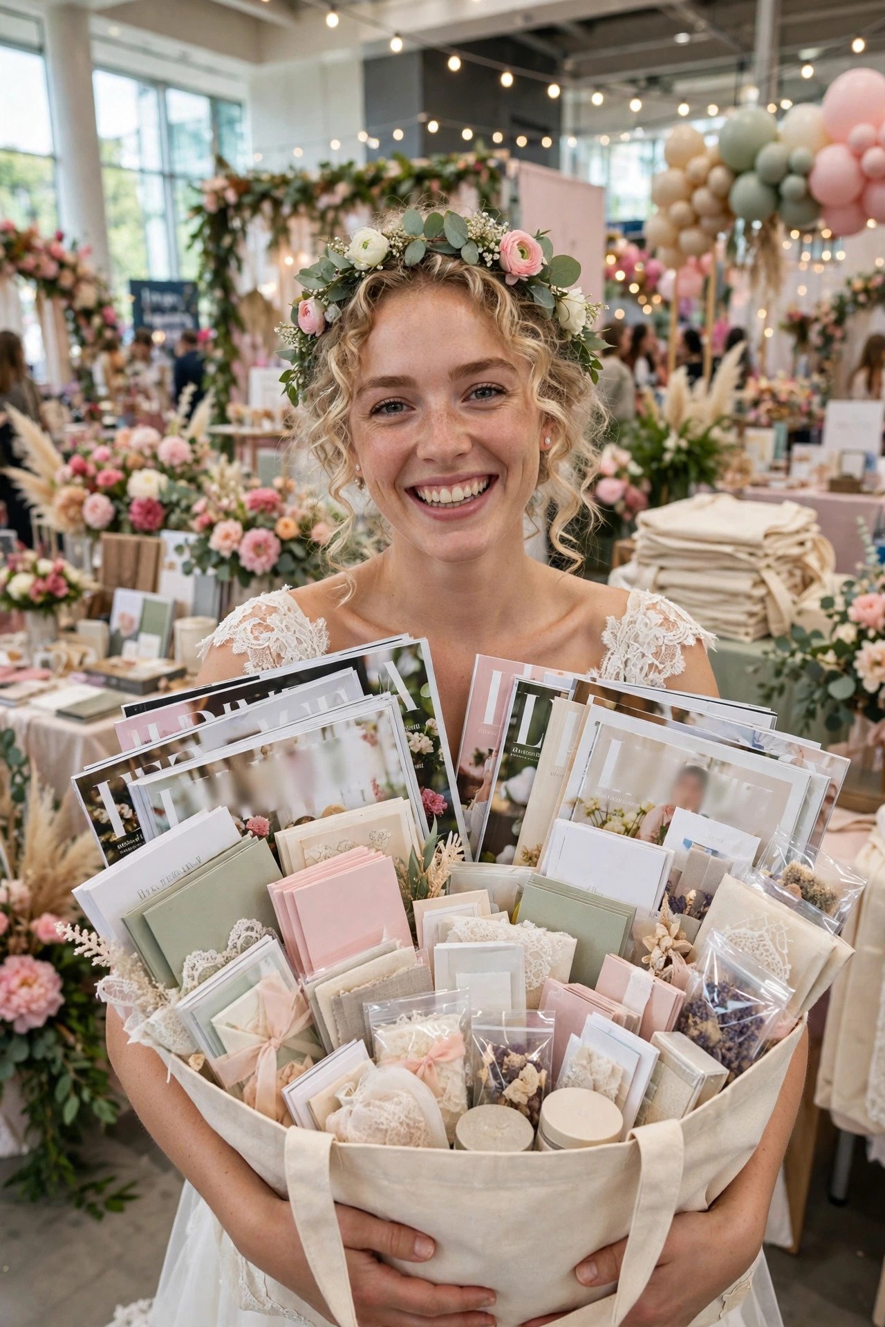 Bride holding a tote bag of free wedding magazines and samples at a bridal expo