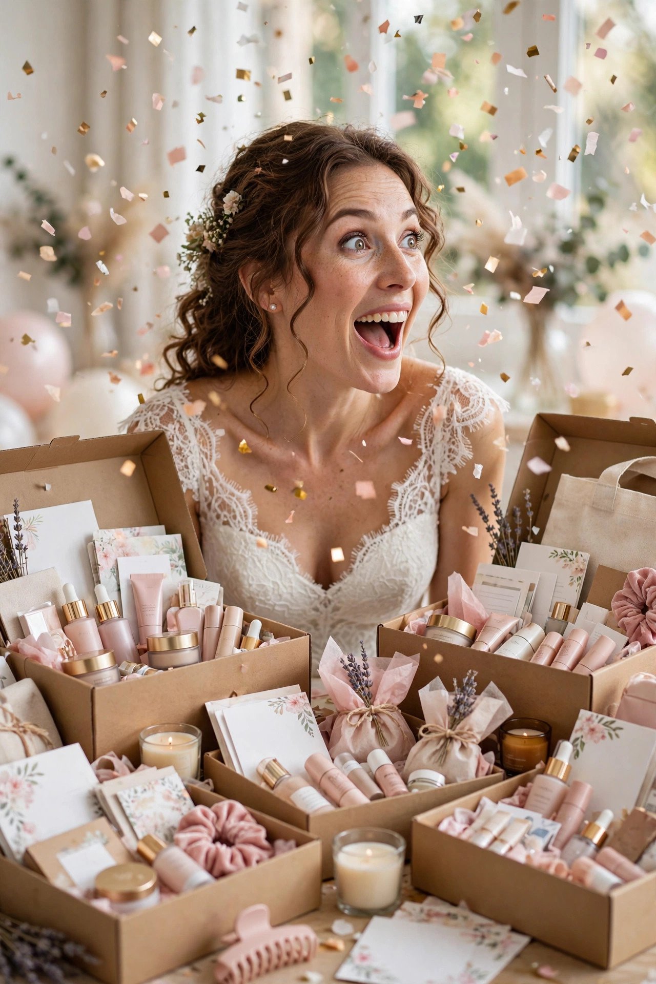 Excited bride surrounded by boxes of free wedding samples and swag