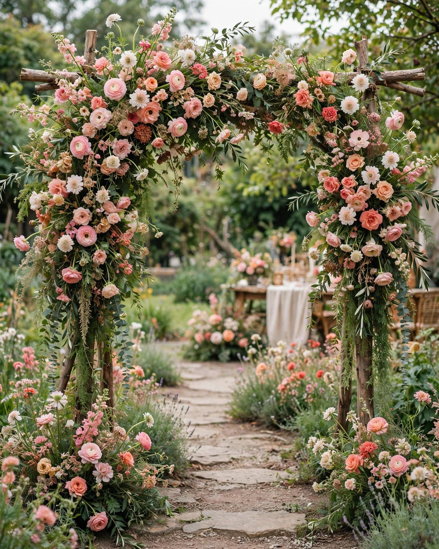 Lush wildflower welcome arch in blush and coral at a garden bridal shower entrance