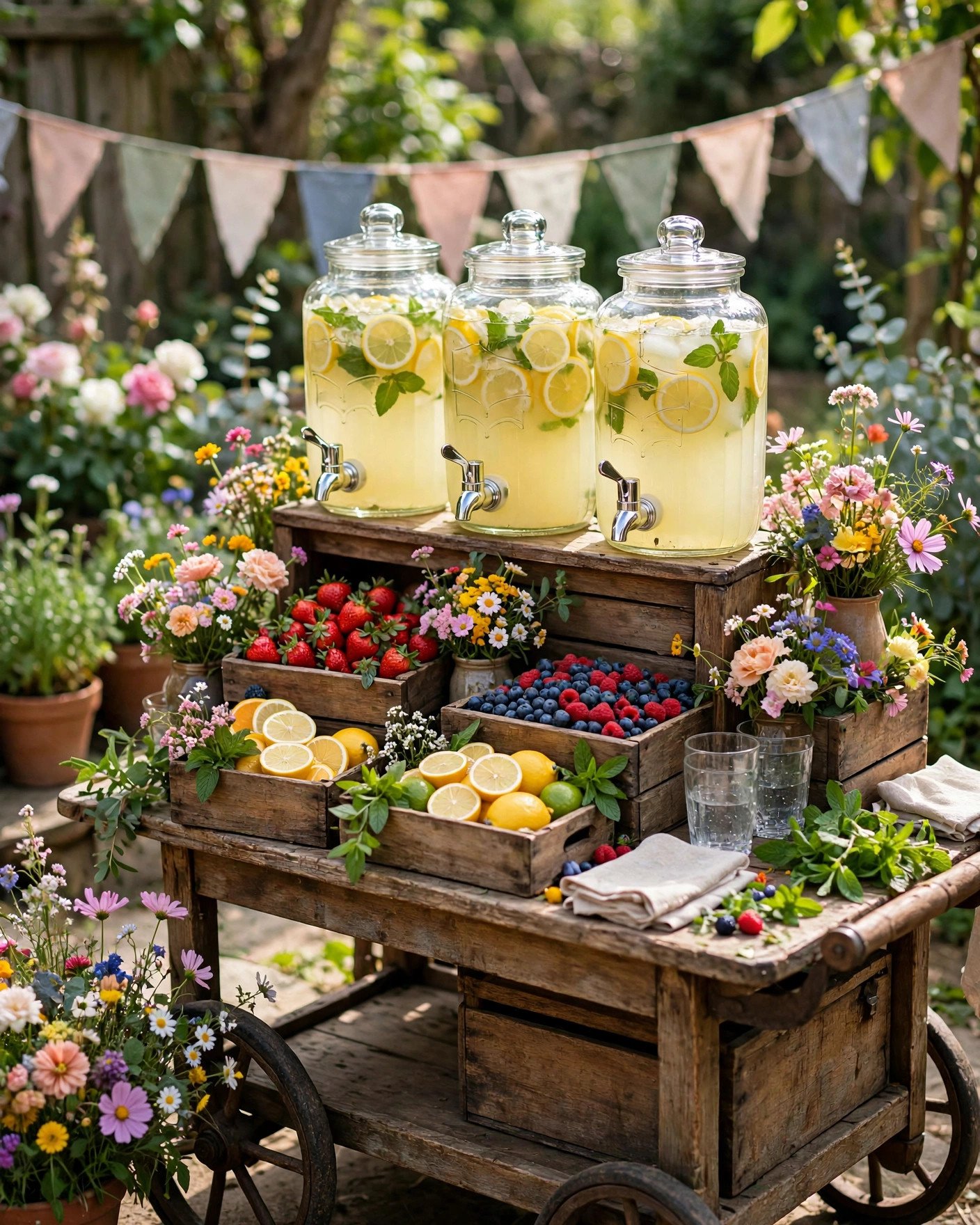 Rustic garden drink station with lemonade dispensers, berries and wildflowers at a bridal shower