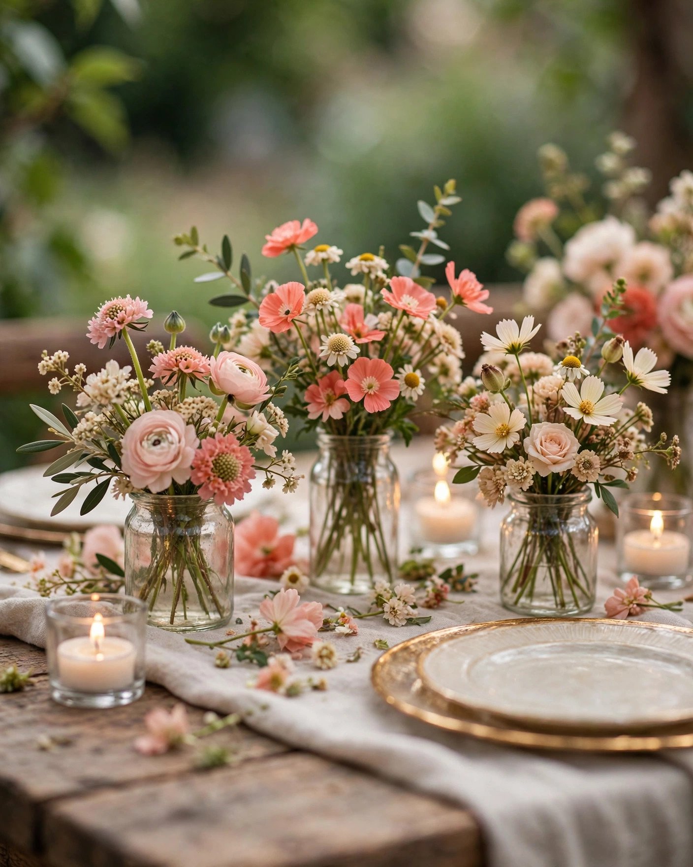 Close-up of rustic wildflower bridal shower tablescape with mismatched jars and candles