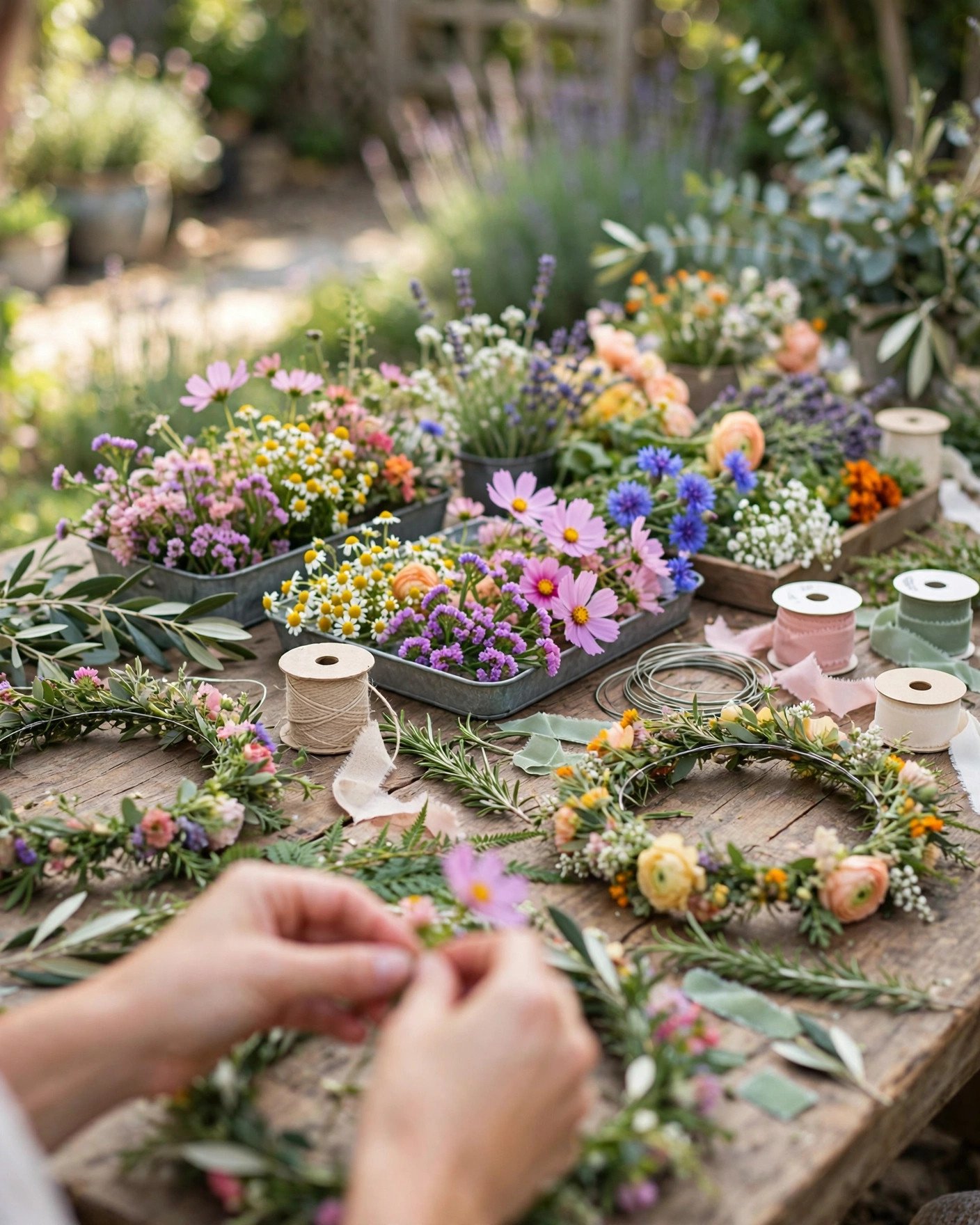 Flower crown making station with wildflowers, floral wire and ribbon at an outdoor bridal shower