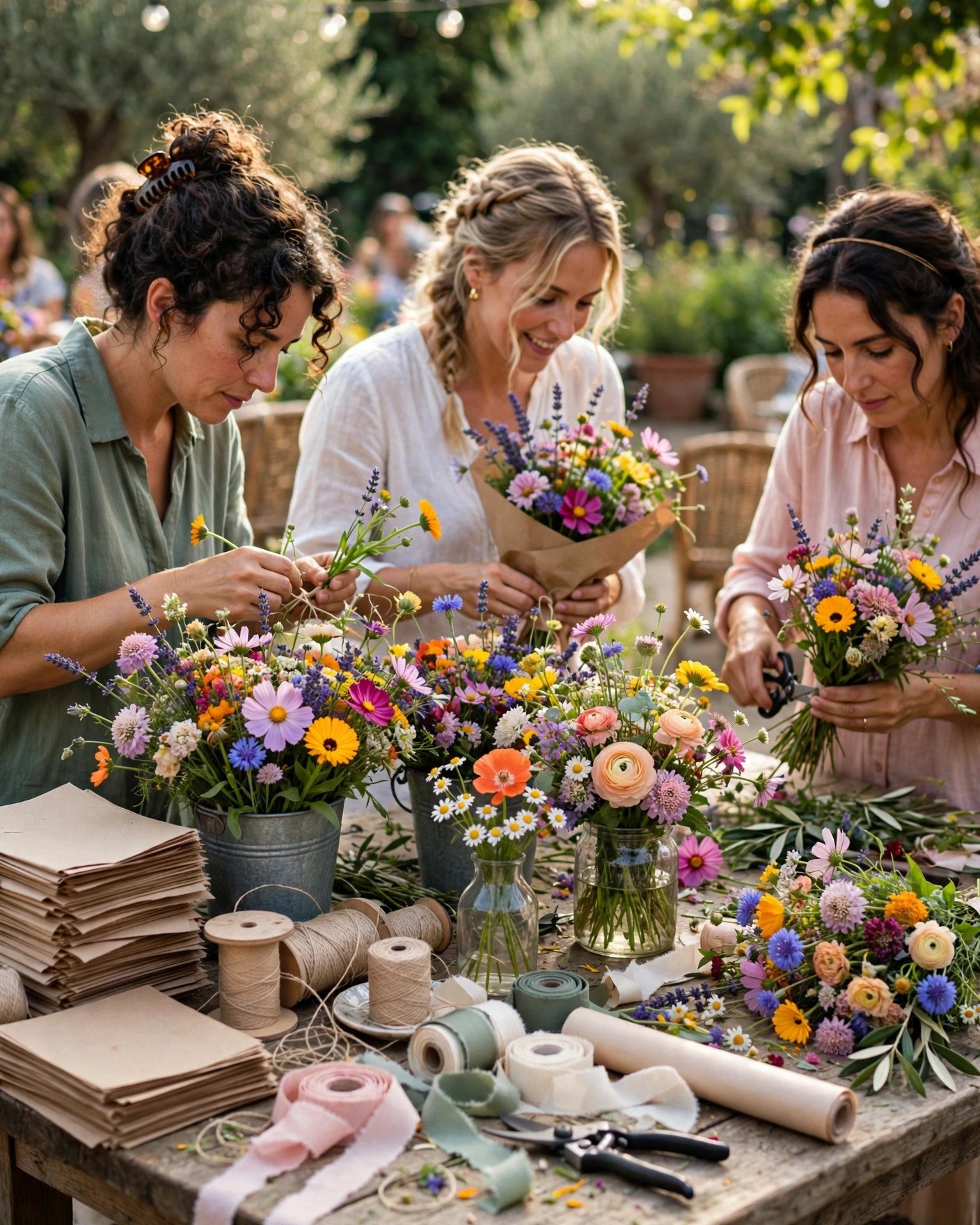 Wildflower bouquet bar with buckets of blooms, kraft paper and twine at a bridal shower