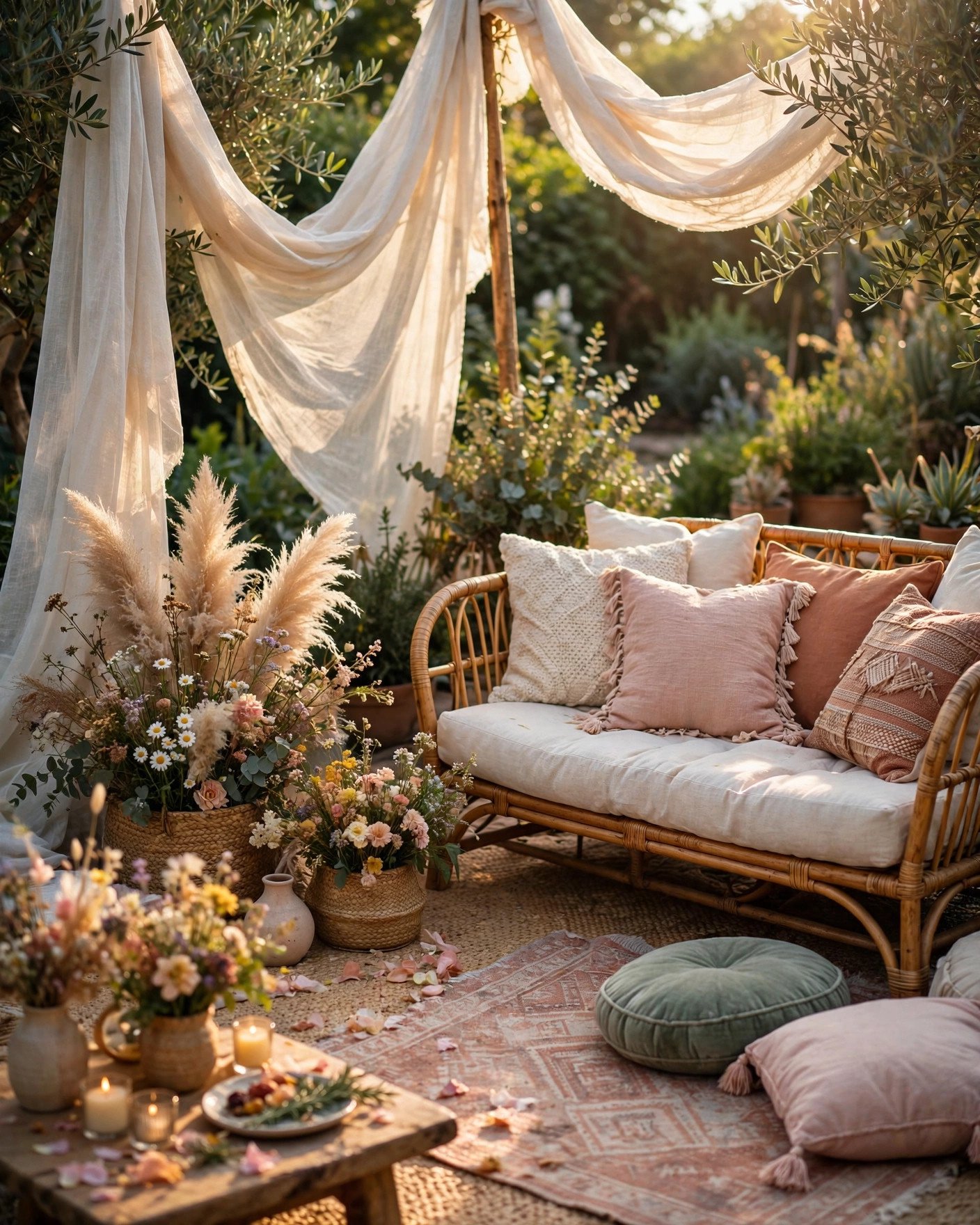 Cozy boho lounge corner with rattan furniture, cushions, rugs and pampas grass at a bridal shower