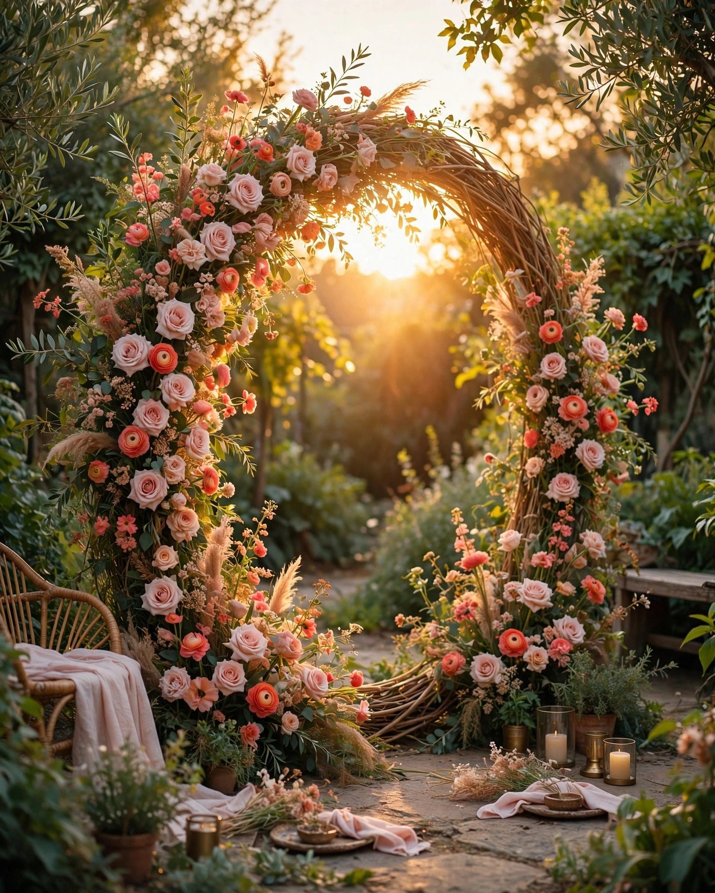 Round floral arch glowing in sunset light as a golden-hour photo nook at a bridal shower