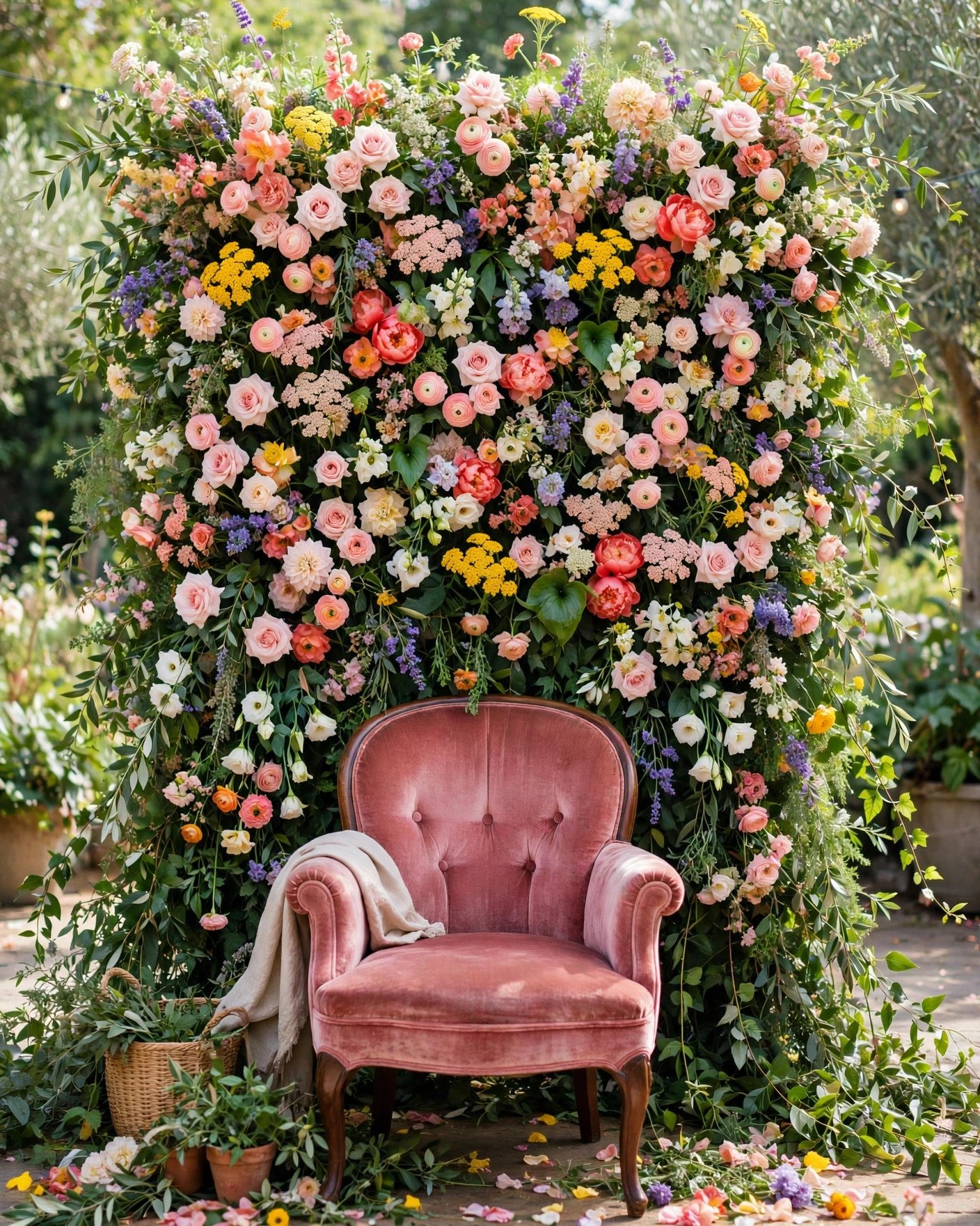 Dense colorful wildflower photo wall with a velvet chair at a bridal shower