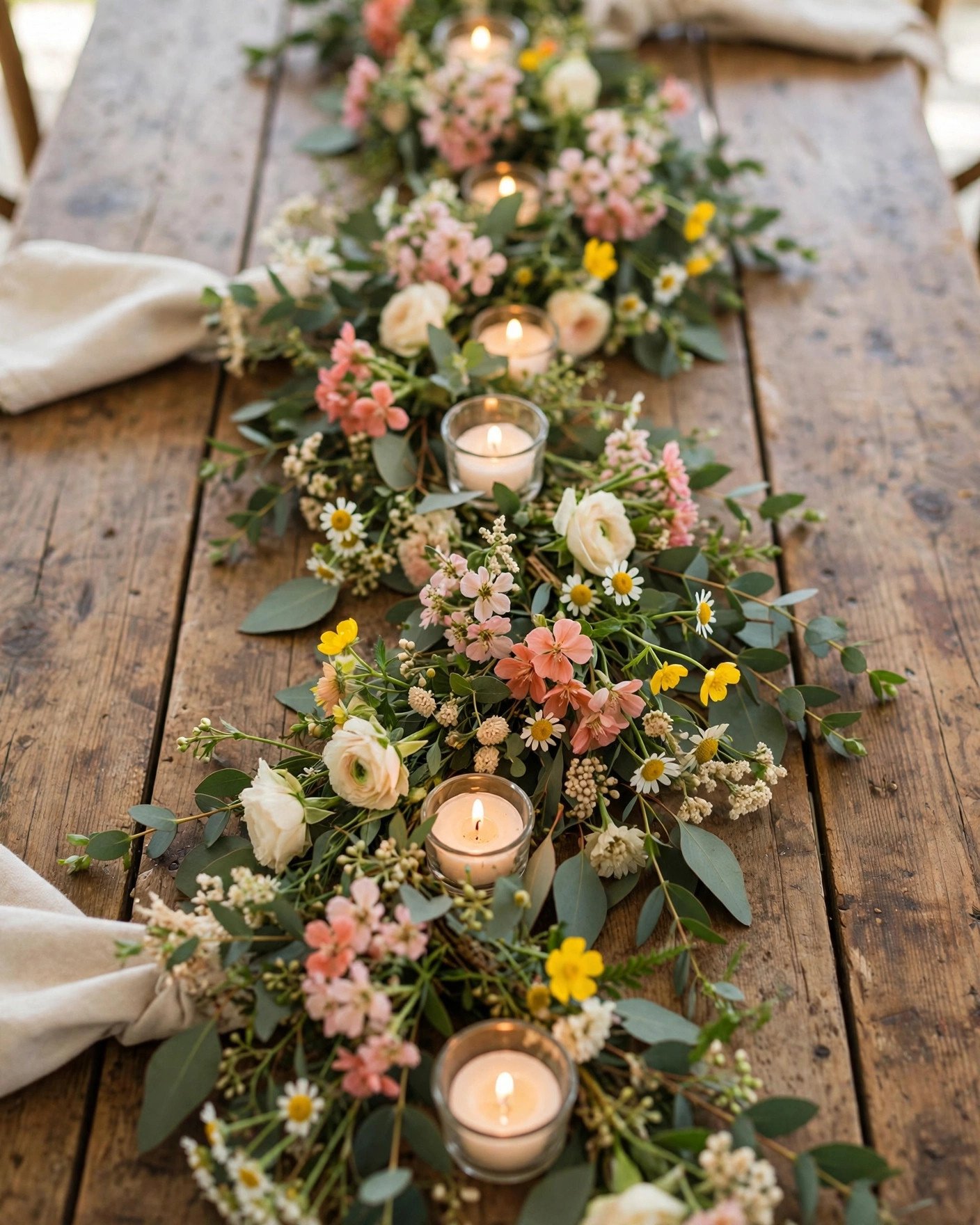 Fresh wildflower garland table runner with candles down a rustic wooden table