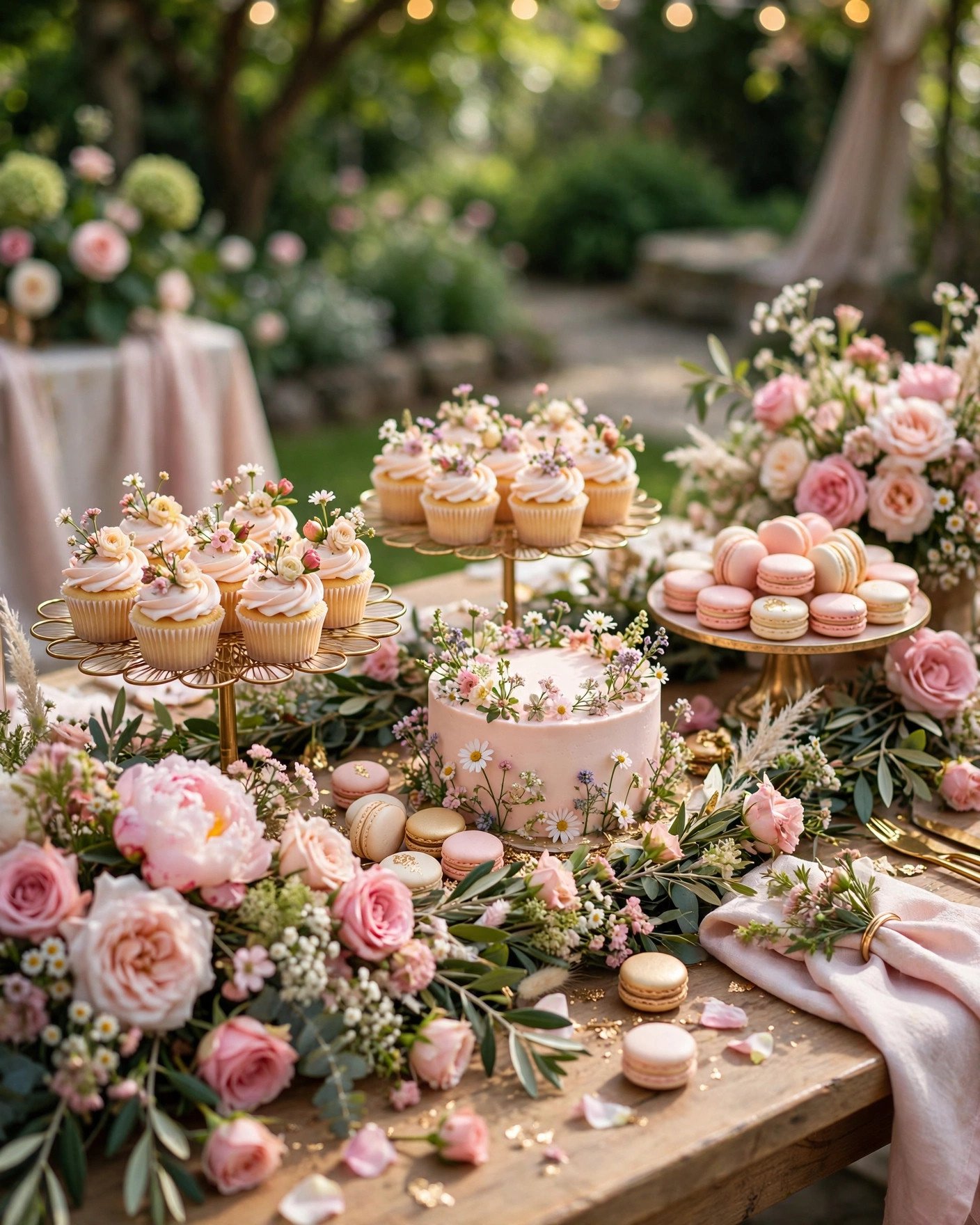 Floral dessert table with cupcakes, macarons and wildflower garlands at a bridal shower