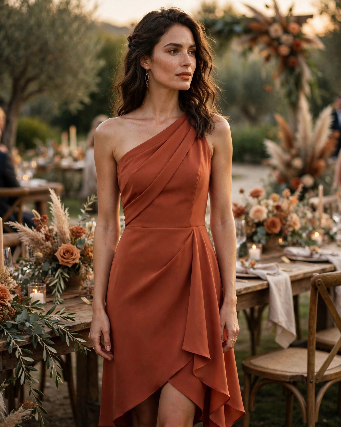 Terracotta one-shoulder cocktail dress with asymmetric hemline for a wedding guest