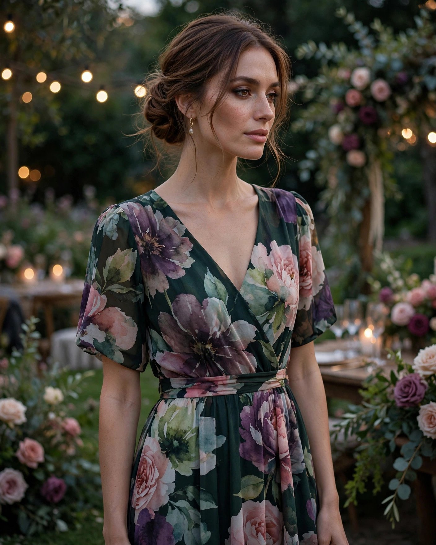Moody botanical floral maxi dress with oversized blooms on dark green for a wedding guest