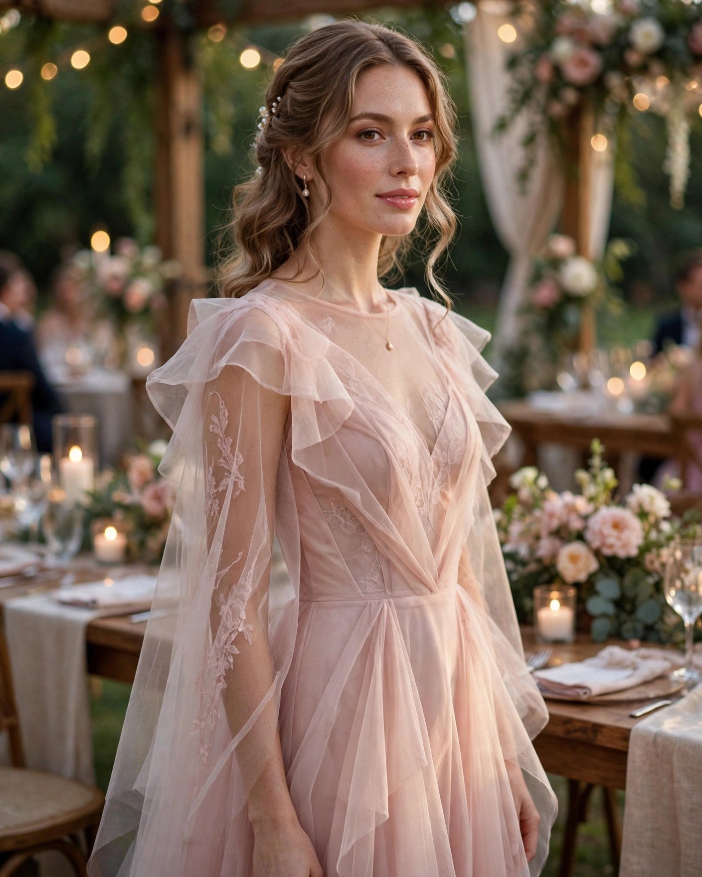 Blush evening gown with sheer overlay panels worn by a wedding guest