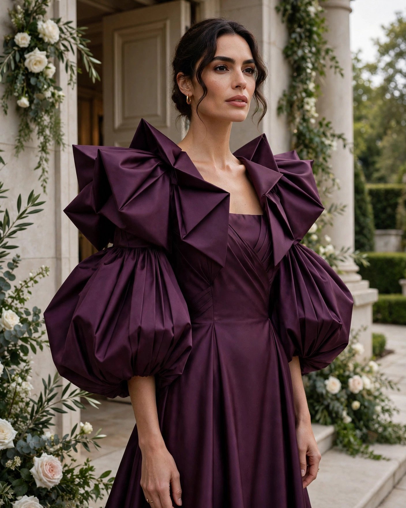 Deep plum wedding guest gown with dramatic sculptural puff sleeves