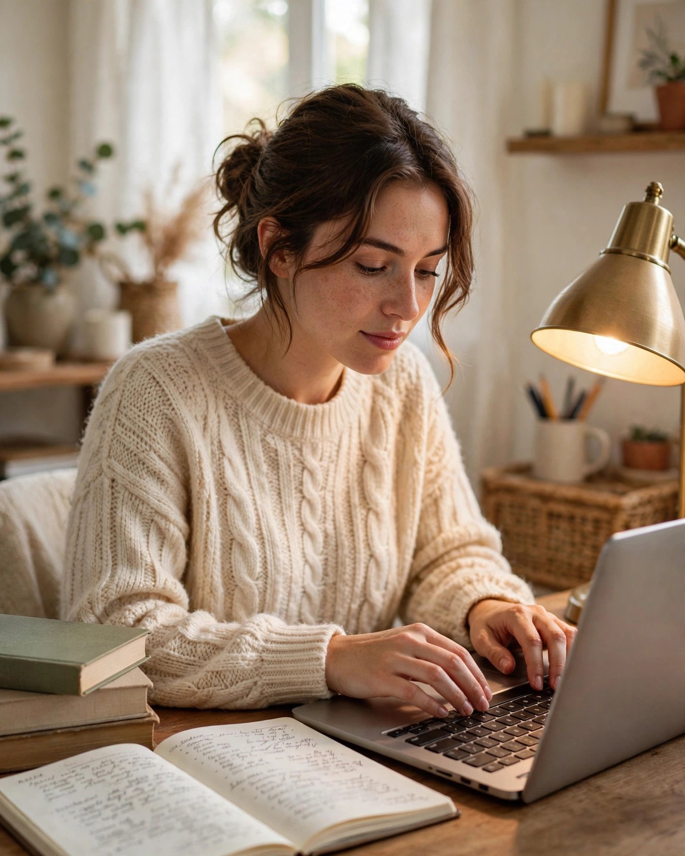 Blogger typing on a laptop in a cozy home office with notebooks and books