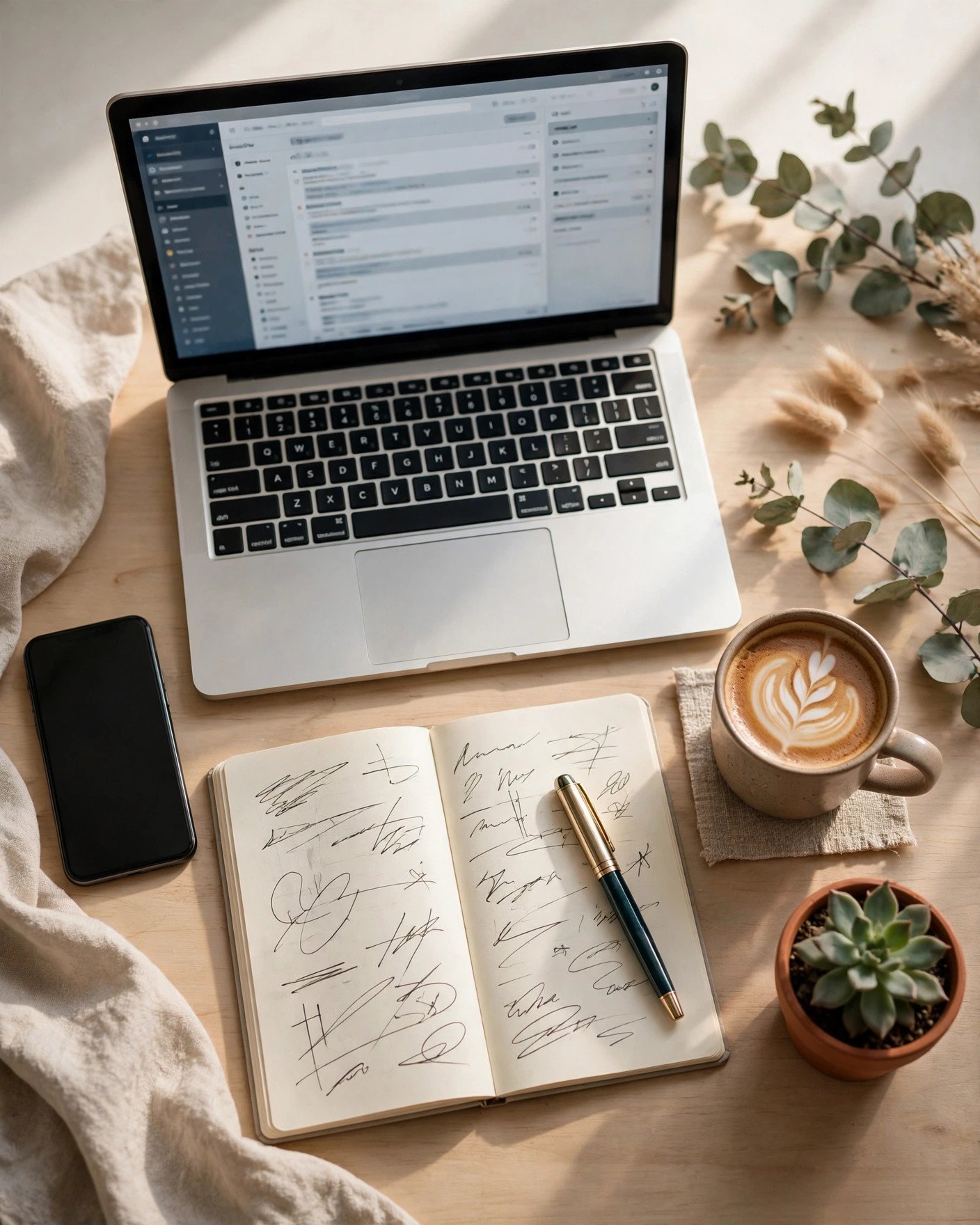 Email newsletter creator's desk with laptop, smartphone and handwritten notes
