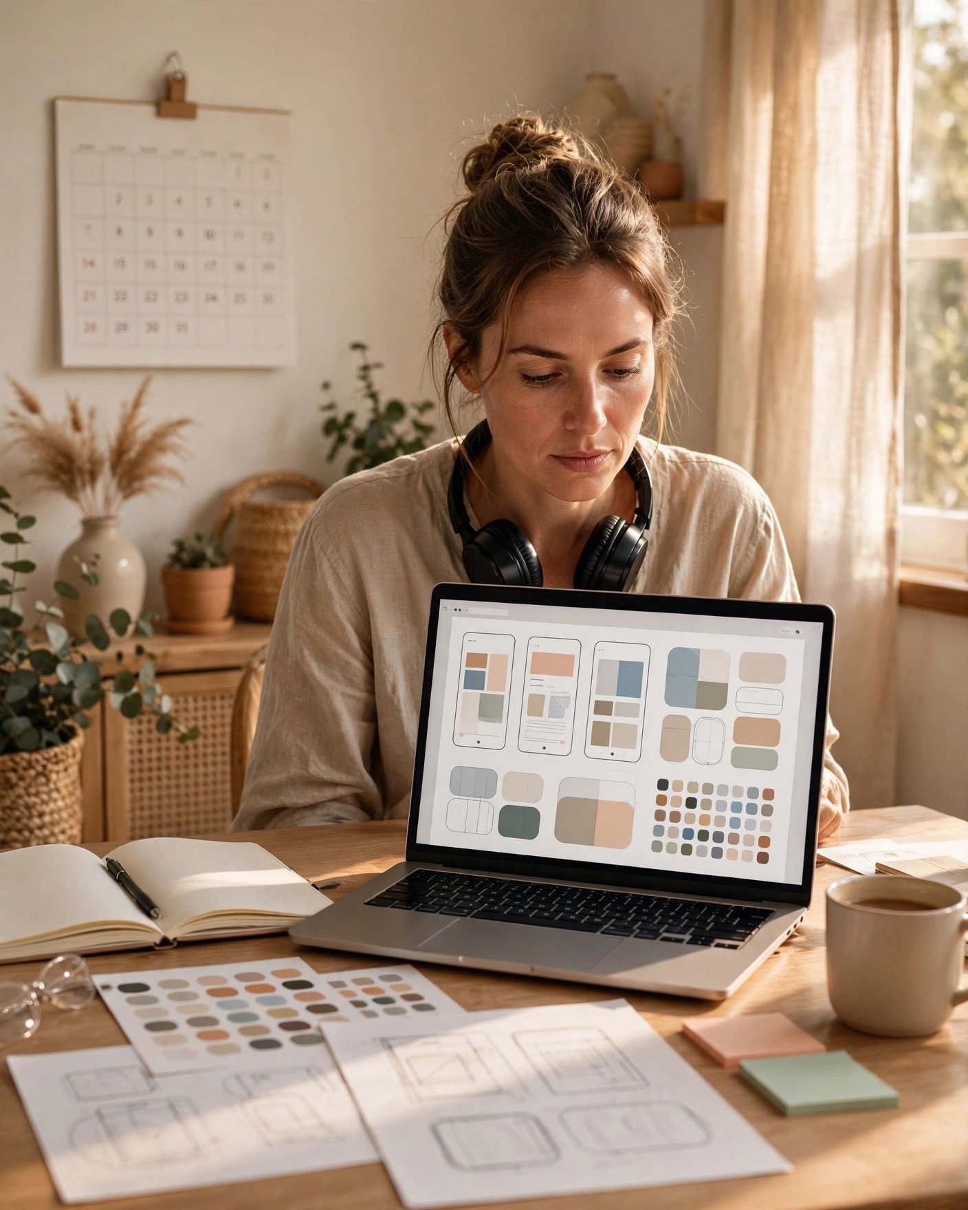 Freelancer working from a bright home desk with laptop, headphones and notebook