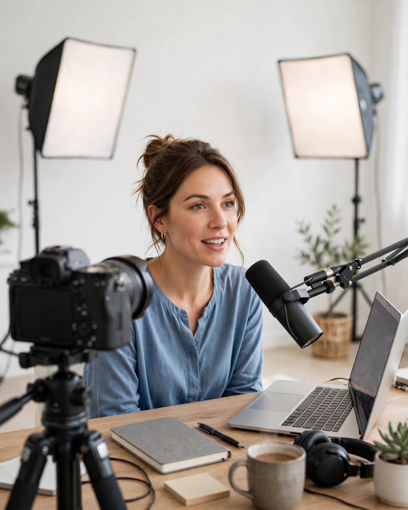 Online course creator recording a lesson in a bright home studio with camera and lights