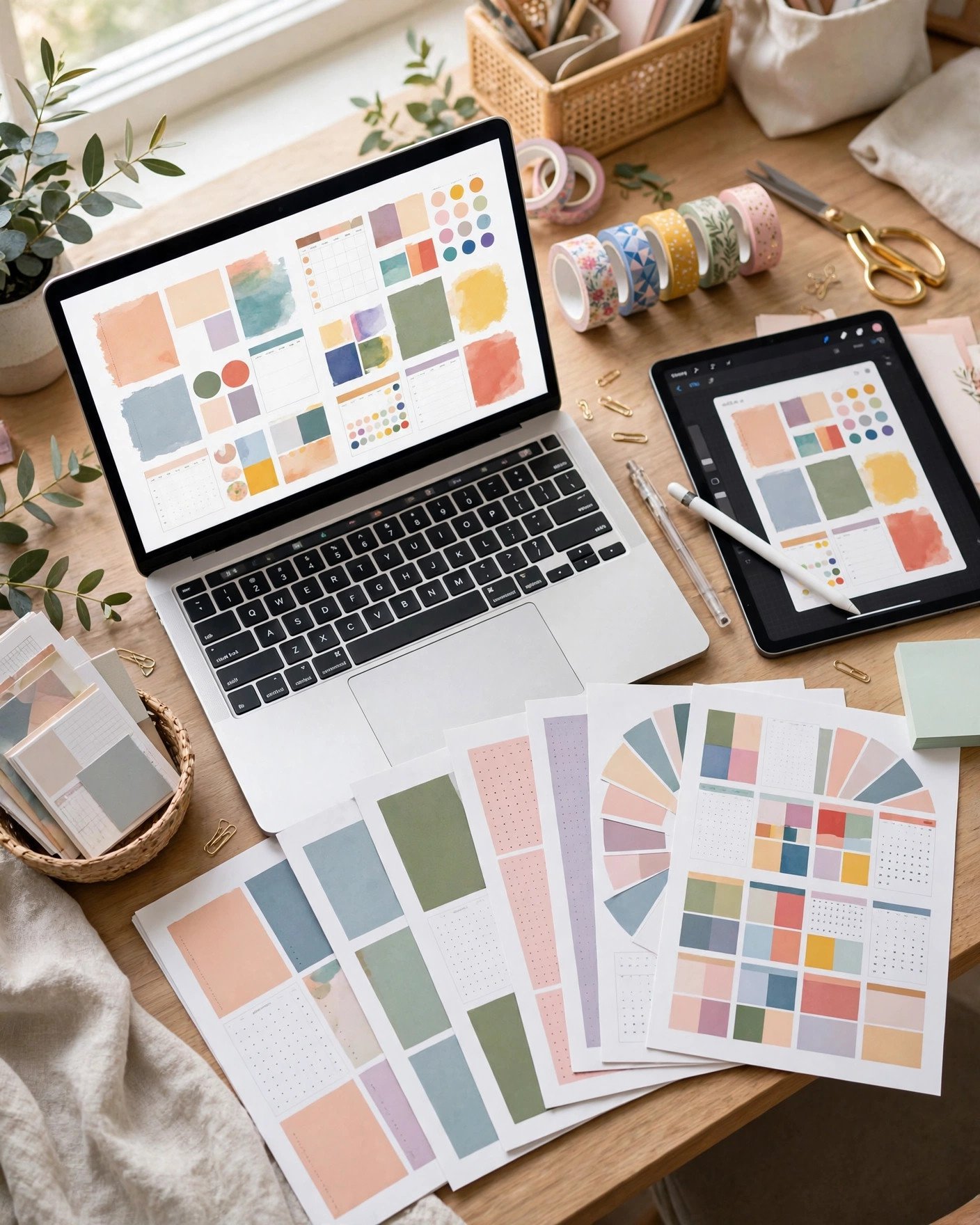 Designer creating digital printable planners on a laptop with printed pages and tablet