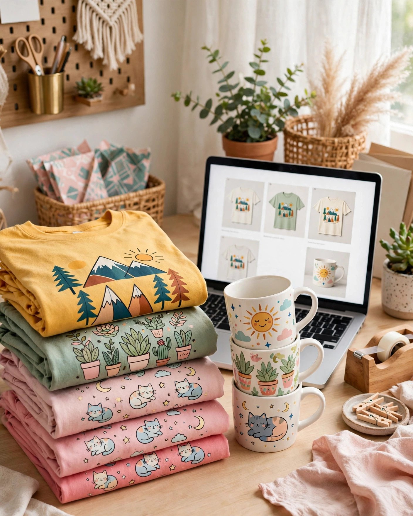 Print-on-demand workspace with designed t-shirts, mugs and laptop showing mockups
