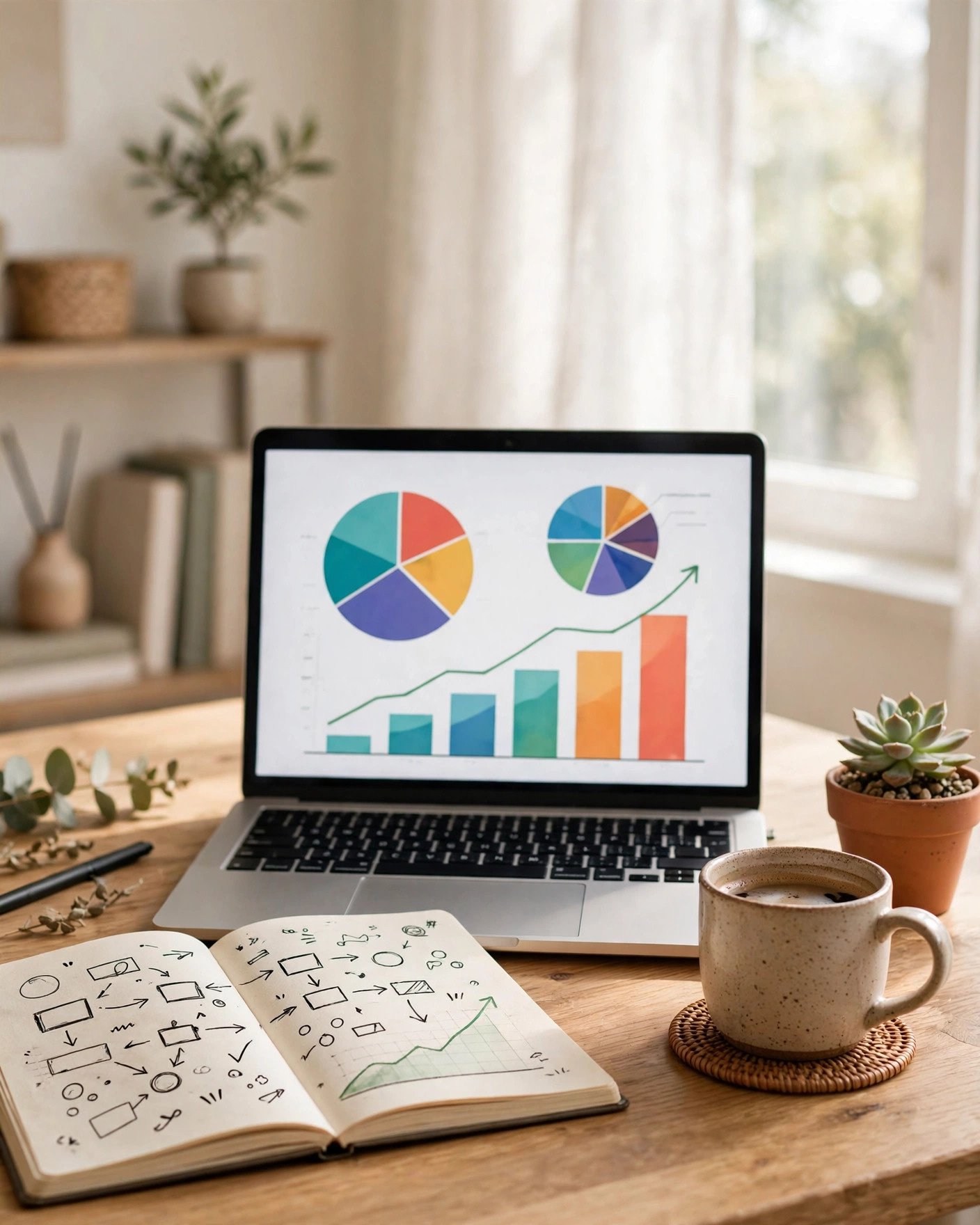 Affiliate marketer's desk with laptop showing sales analytics charts and notebook