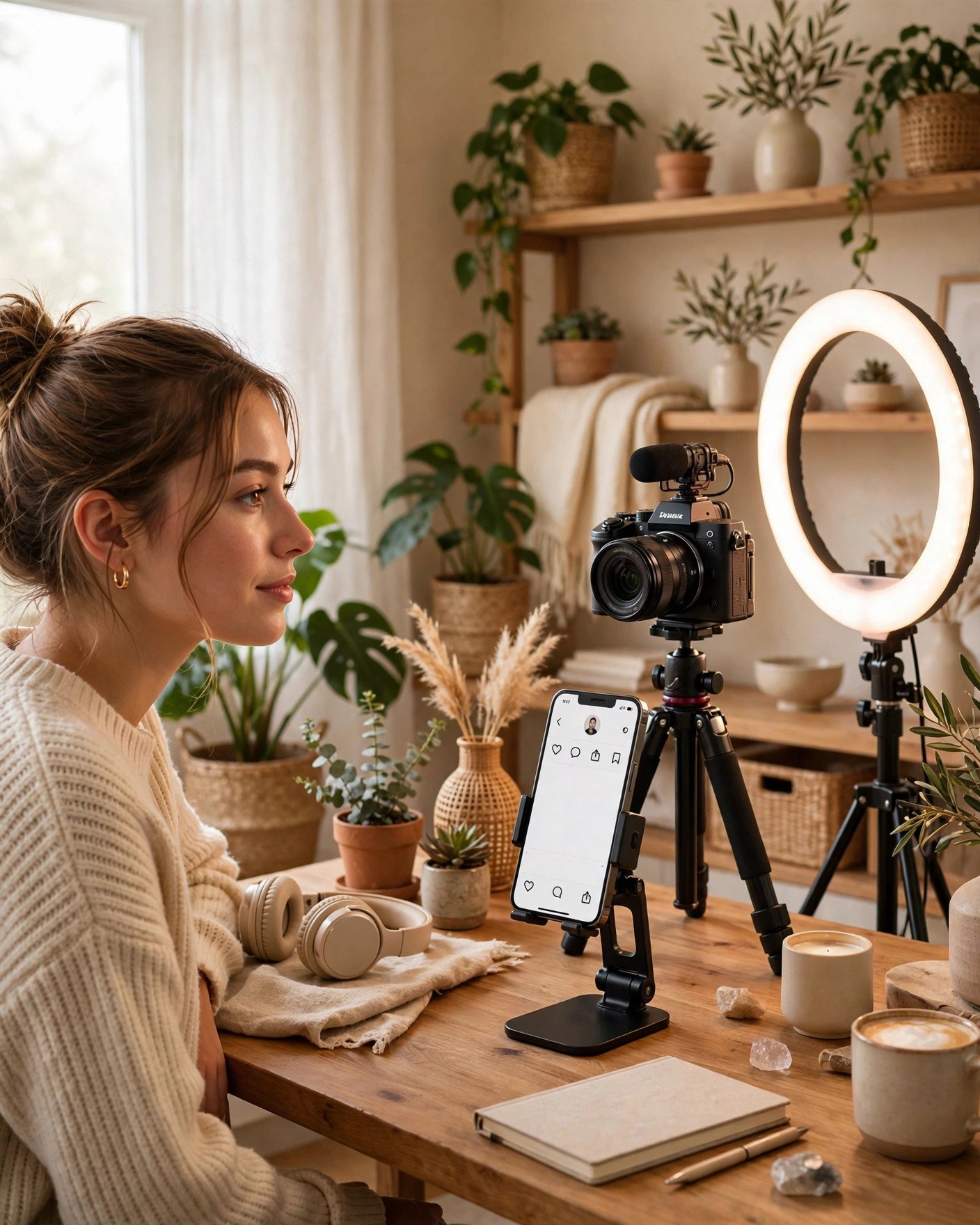 Content creator filming video in a bright home studio with camera, ring light and phone