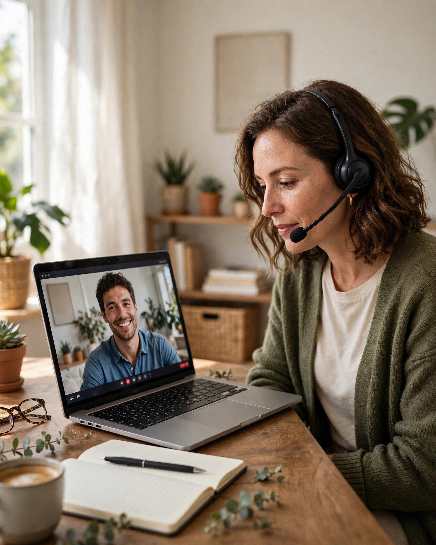 Coach on a video call with a client in a bright home office