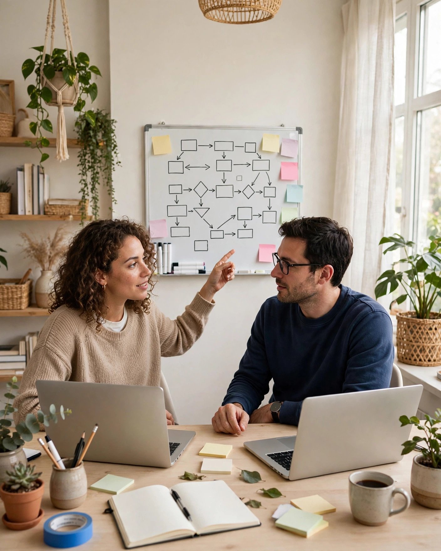 Two people collaborating at a bright desk with laptops and a whiteboard for a micro-agency