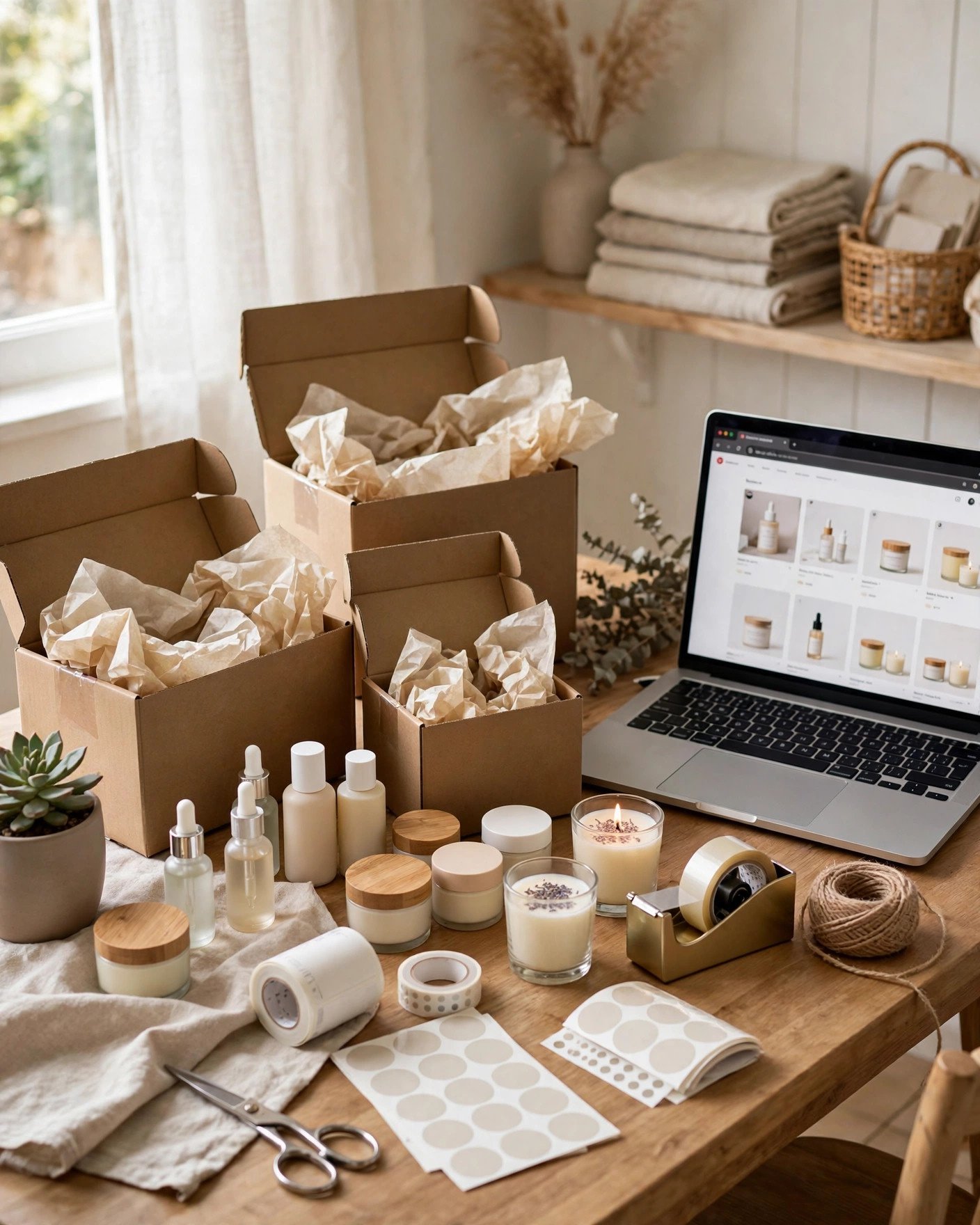 Small e-commerce packing station with shipping boxes, products and laptop