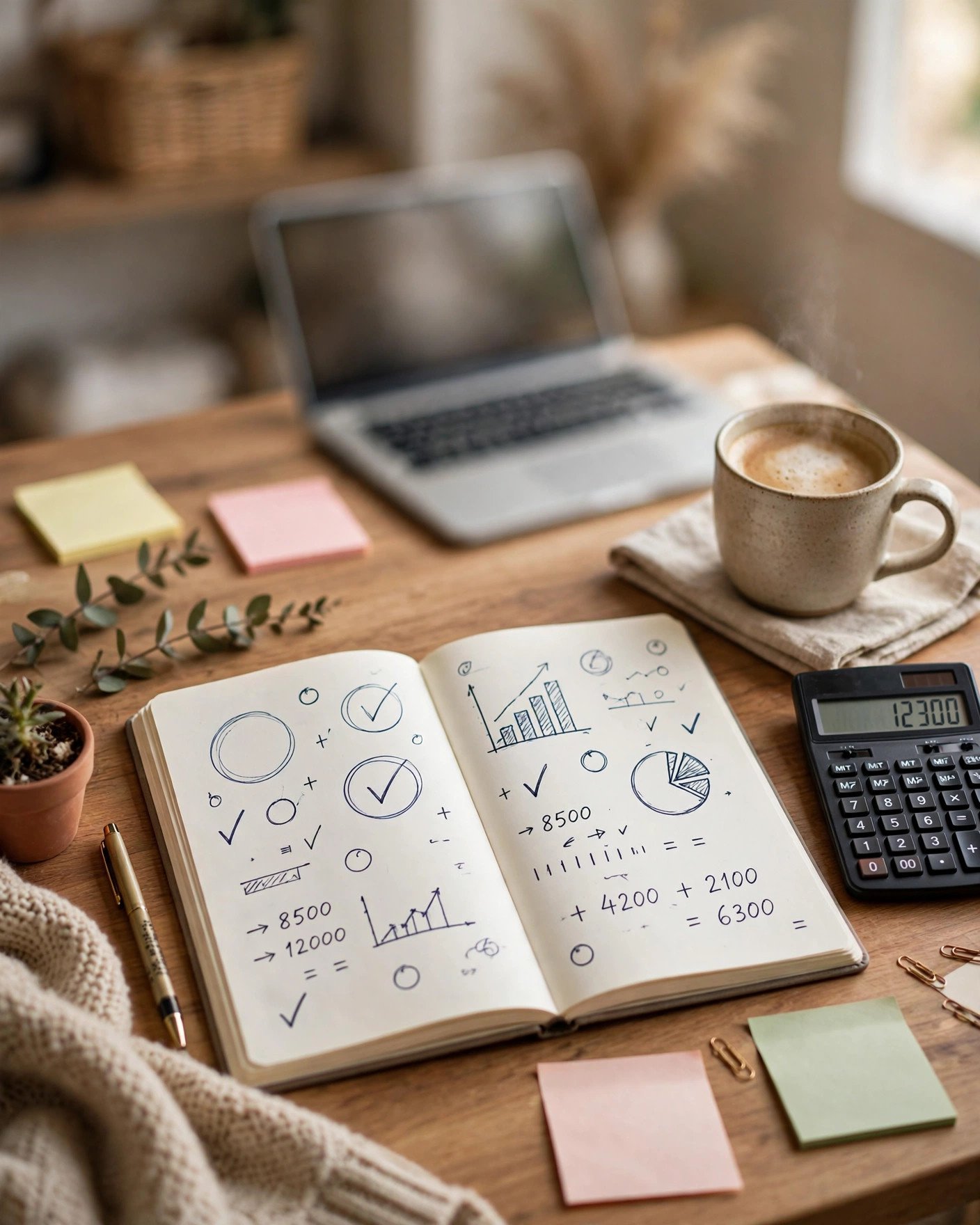 Planning desk with open planner, income calculations, calculator and coffee