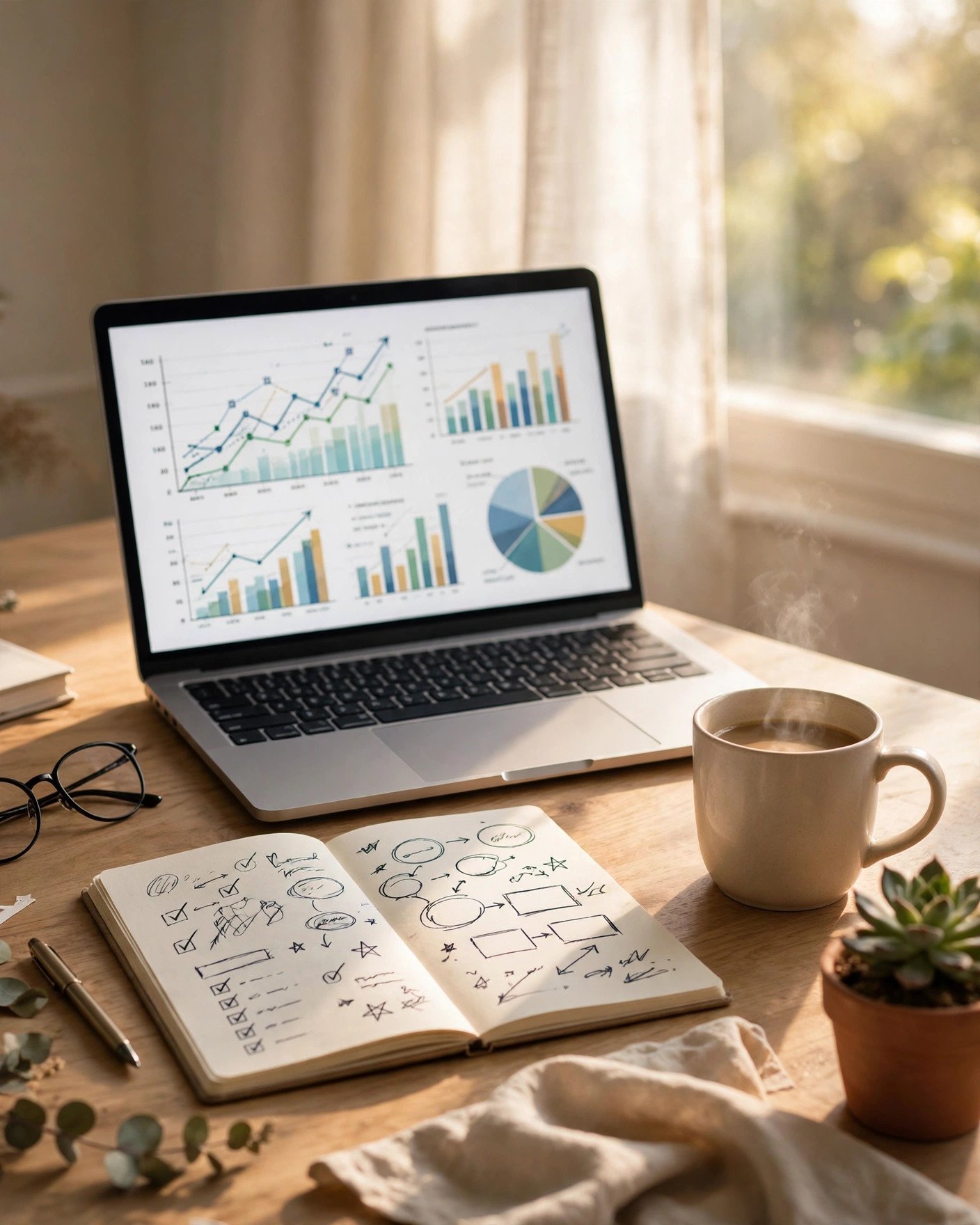 Bright home office desk with laptop showing business growth charts, notebook and coffee