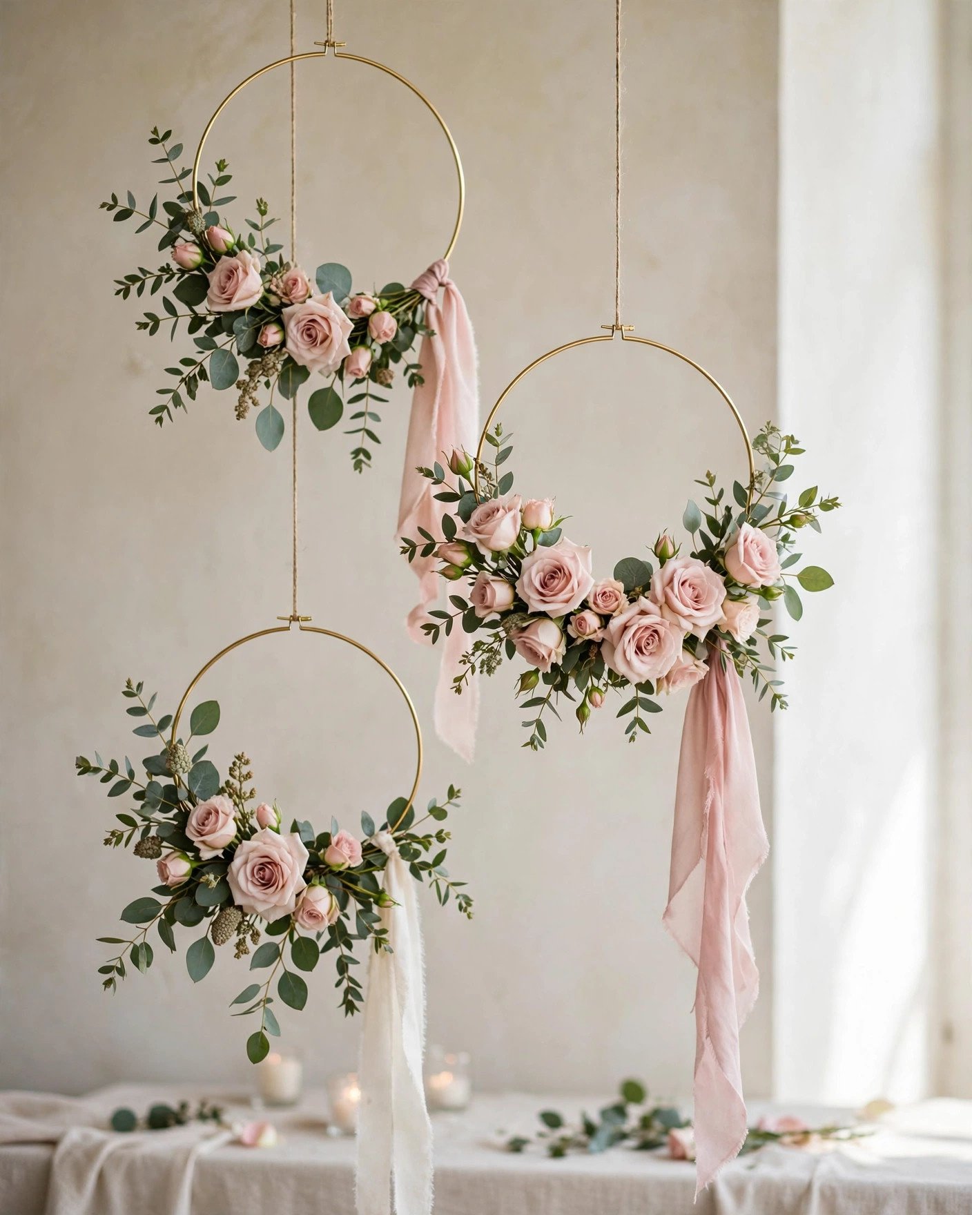 DIY floral hoop wreaths with eucalyptus and roses hanging at a wedding