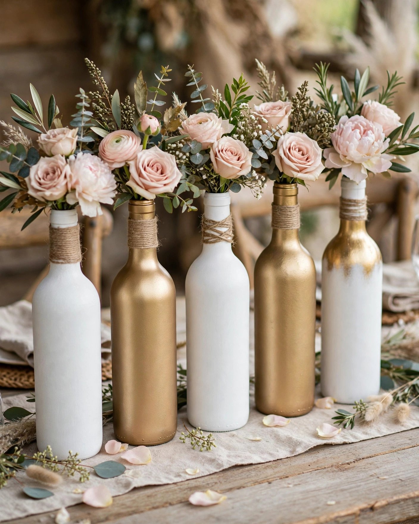 DIY wine bottle vases spray-painted white and gold with flowers on a wedding table