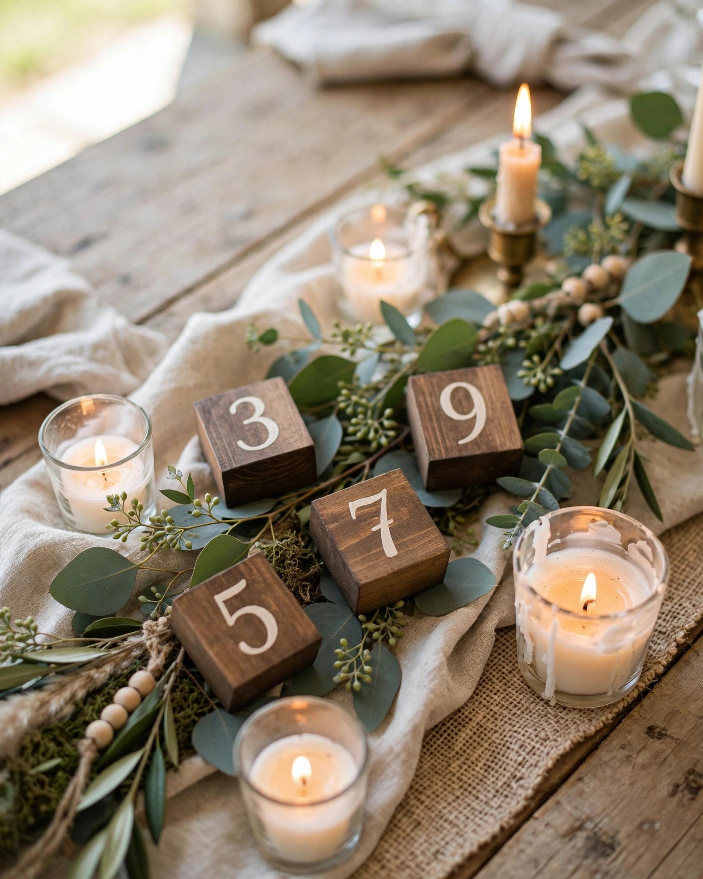 DIY wooden table numbers with hand-painted numerals and eucalyptus on a wedding table