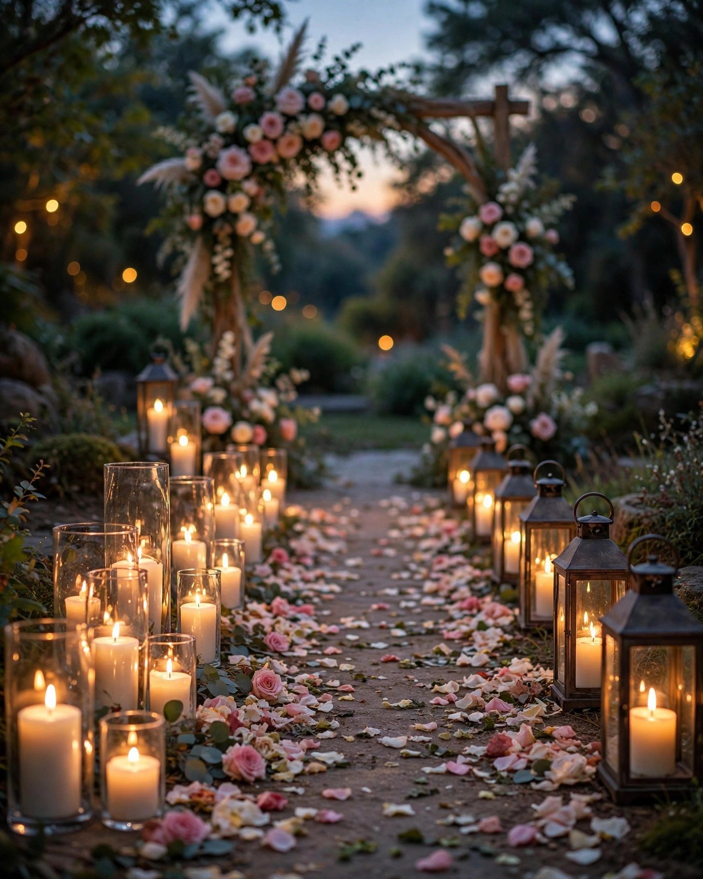 Romantic candle-lit wedding aisle with lanterns and petals at dusk