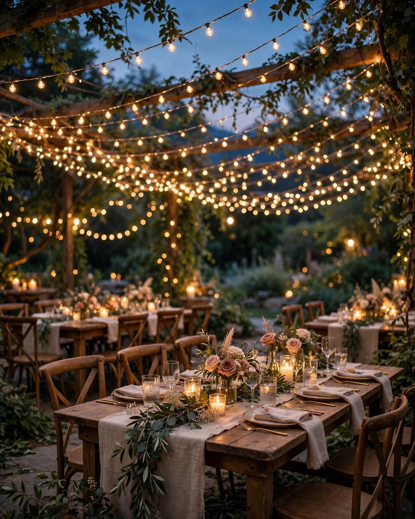 DIY hanging fairy lights canopy over a wedding dance floor at dusk