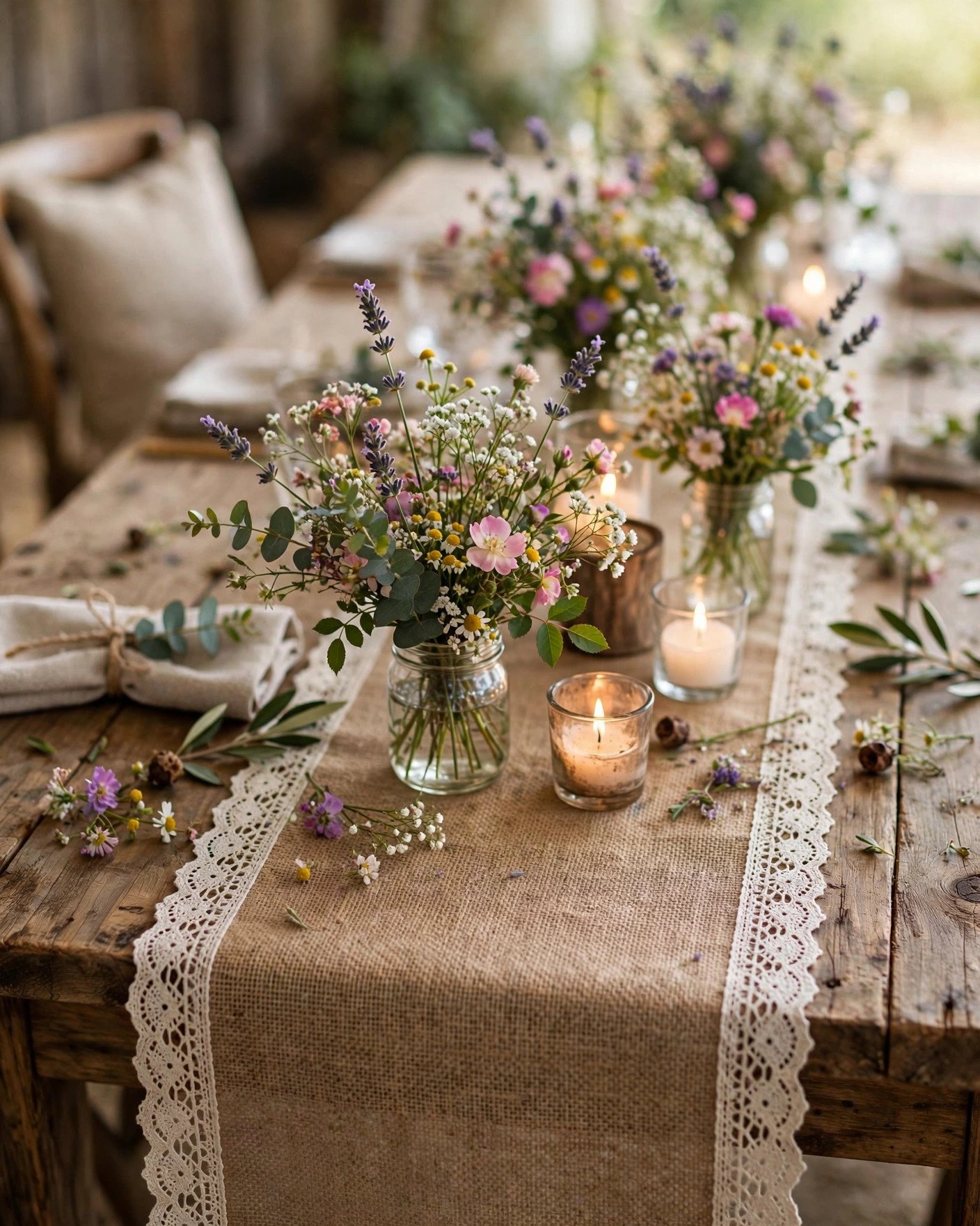 DIY burlap table runner with lace trim and wildflowers on a rustic wedding table